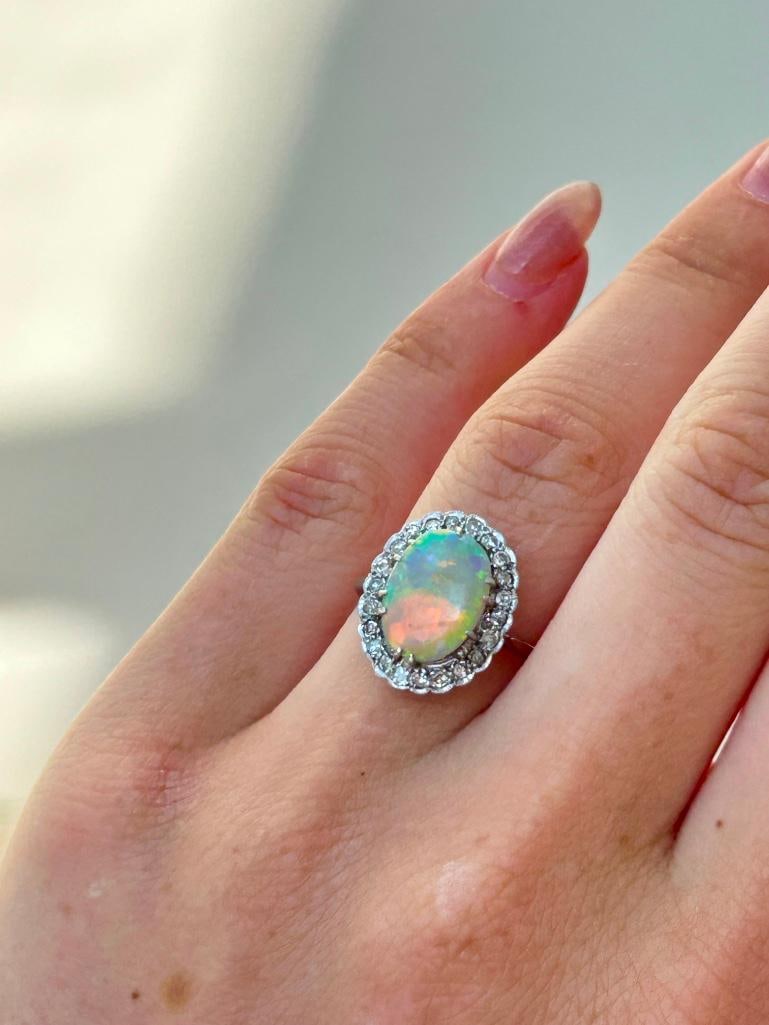 Antique 18ct White Gold Platinum Opal and Diamond Ring - 2