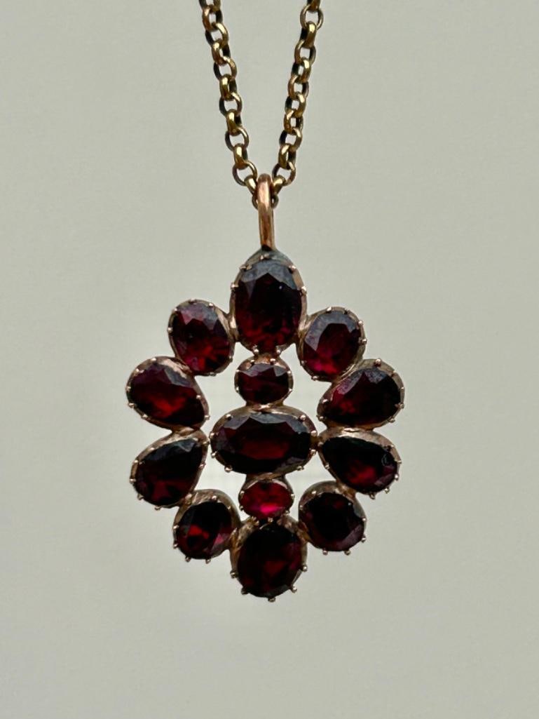 Antique Gold Large Garnet Pendant on Gold Chain - 3