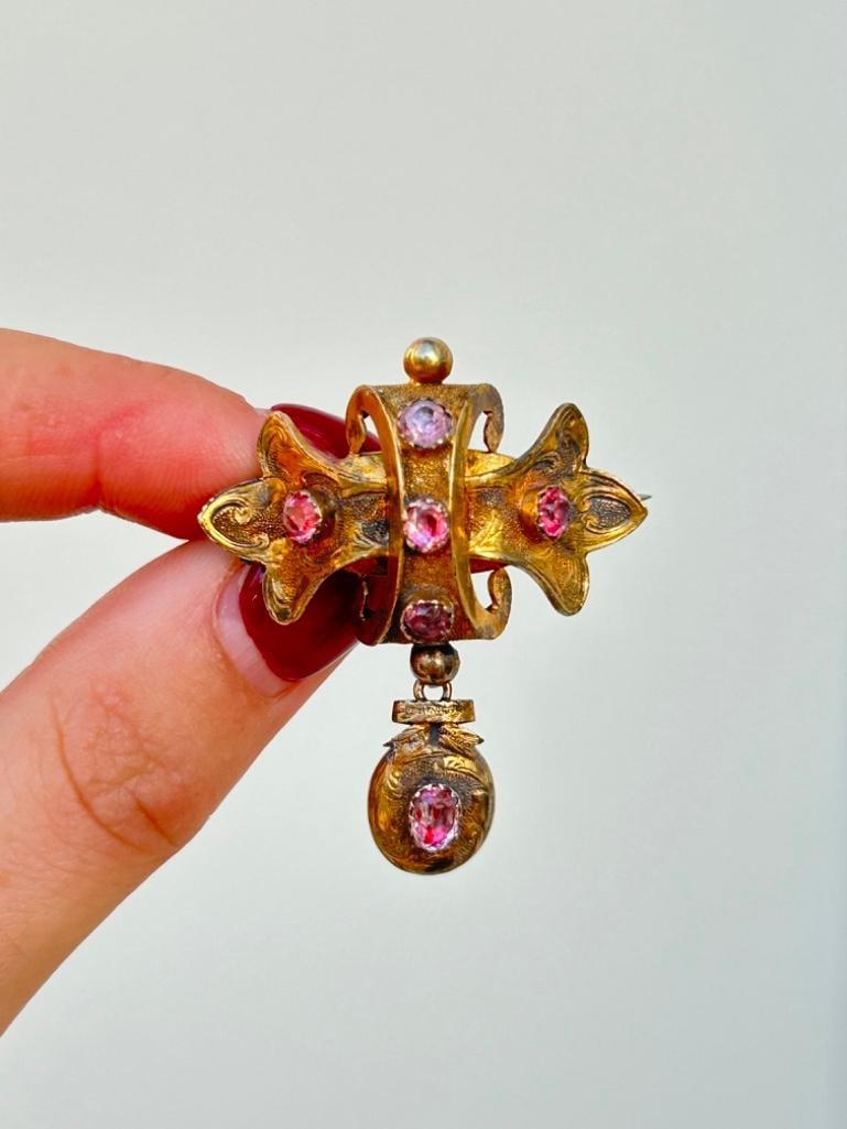 Antique Late Georgian Pink Paste Topaz Locket Back Double Brooch in 15ct Yellow Gold - 3