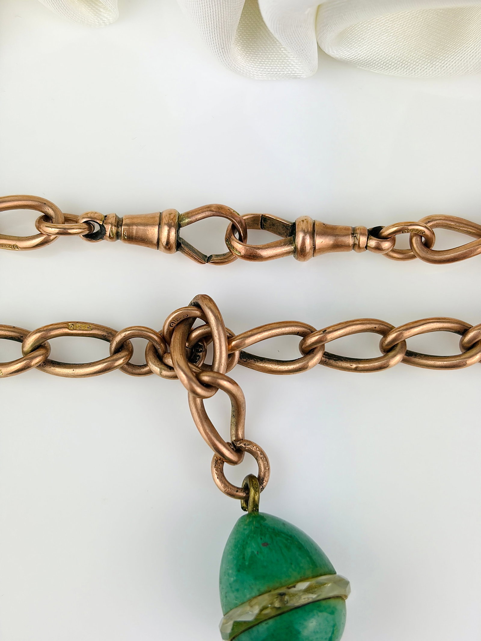 Antique heavy 9ct gold double Albert chain necklace with agate egg pendant and double dog clips - 2
