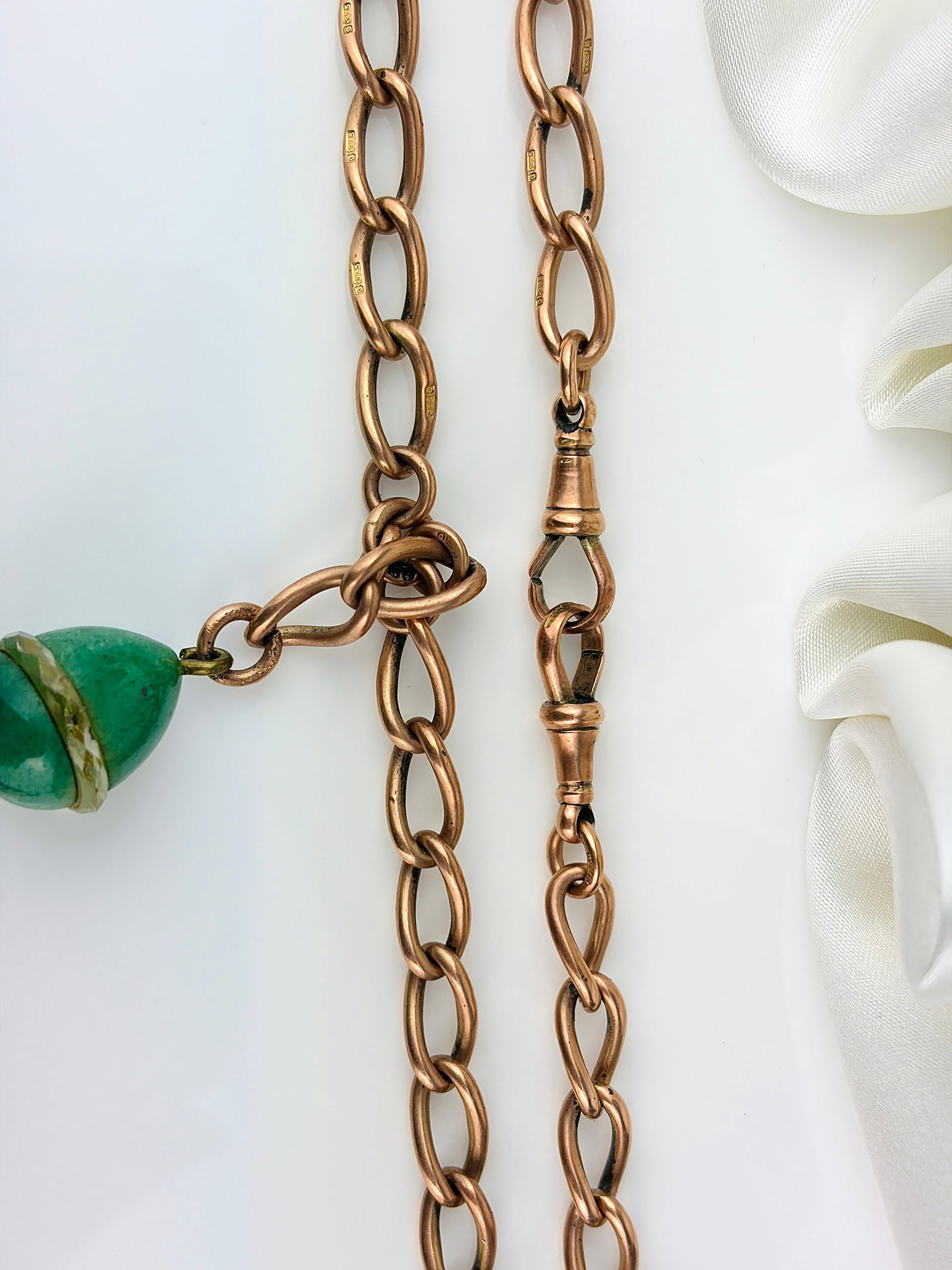 Antique heavy 9ct gold double Albert chain necklace with agate egg pendant and double dog clips - 3