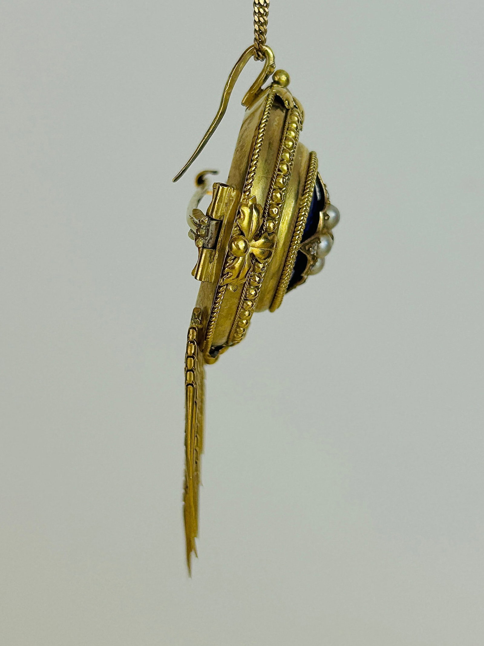 Antique Victorian Blue Enamel, Pearl and Diamond 18ct Gold Tassel Brooch - 2