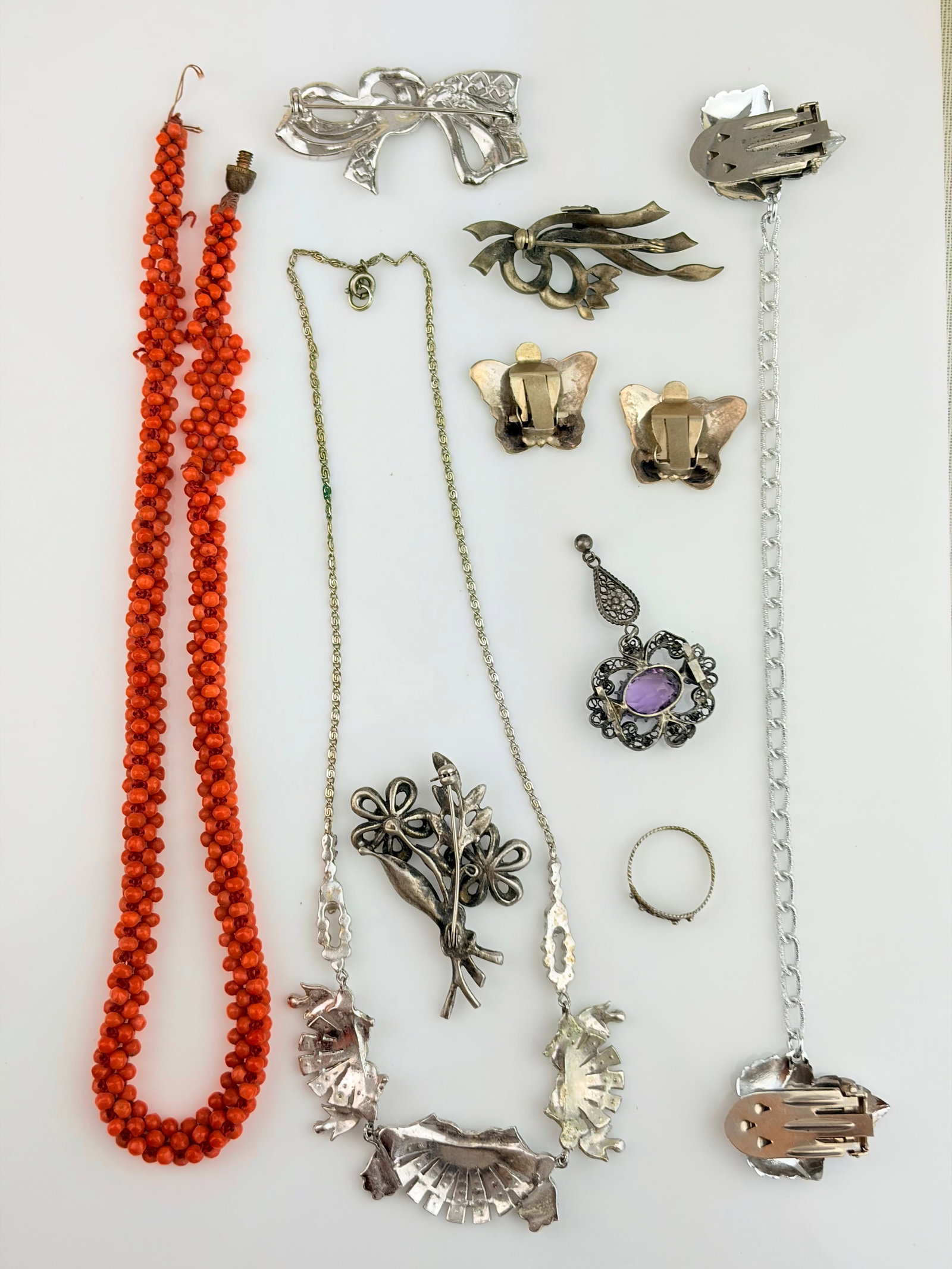 Mixed Lot - Silver Marcasite Necklace, Coral Beaded Necklace, Brooches etc - 2