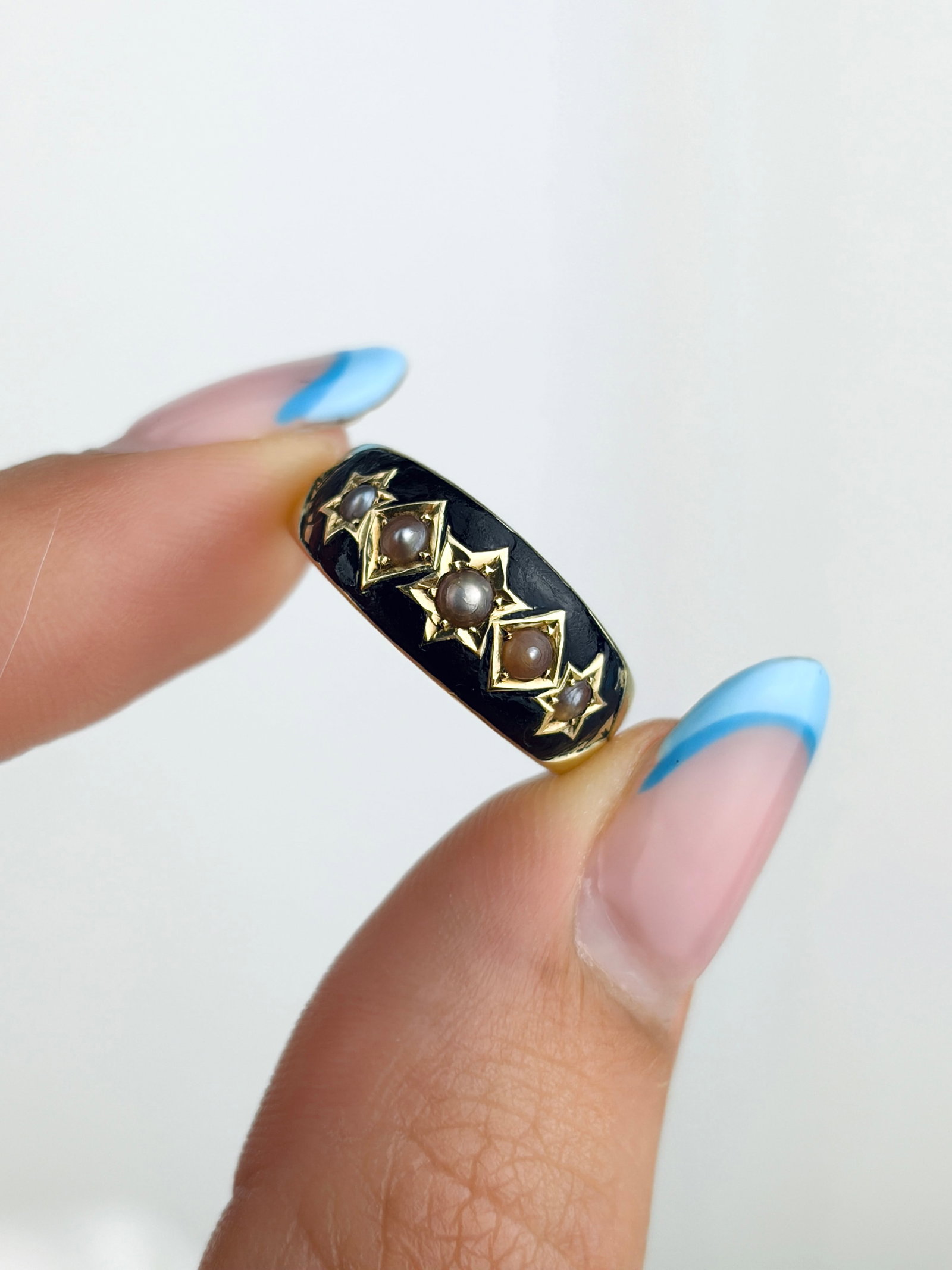Chunky Antique 15ct Yellow Gold Pearl Star Locket Back Mourning Band Ring - 5