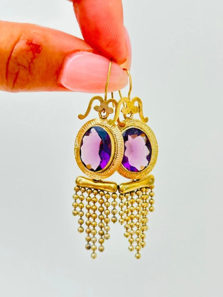 Antique Boxed Amethyst and Pinchbeck Ornate Fringe Drop Earrings - 7