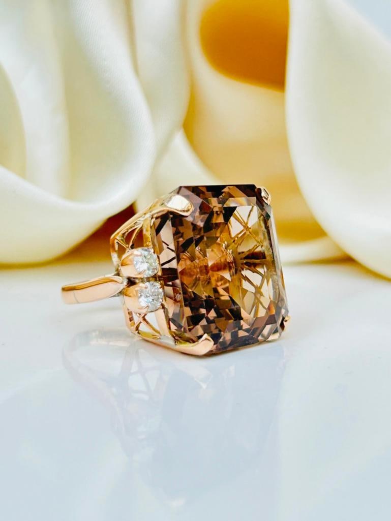 Huge 42 Carat Smokey Quartz and Diamond Cocktail Ring in 18ct Yellow Gold - 3