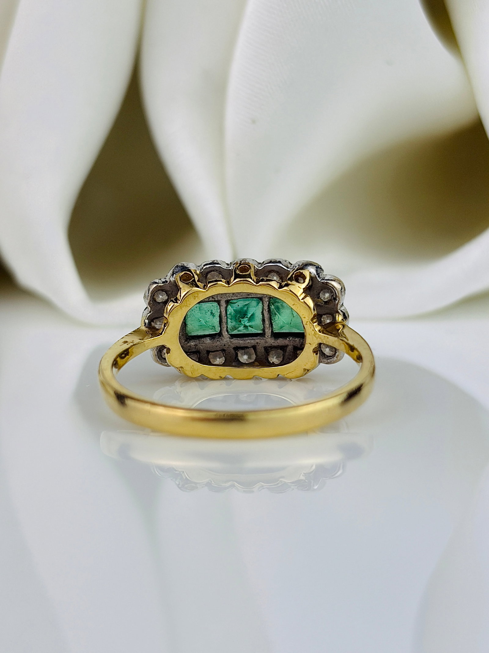 Emerald and Diamond 18ct Gold Three Stone Cluster Ring - 3