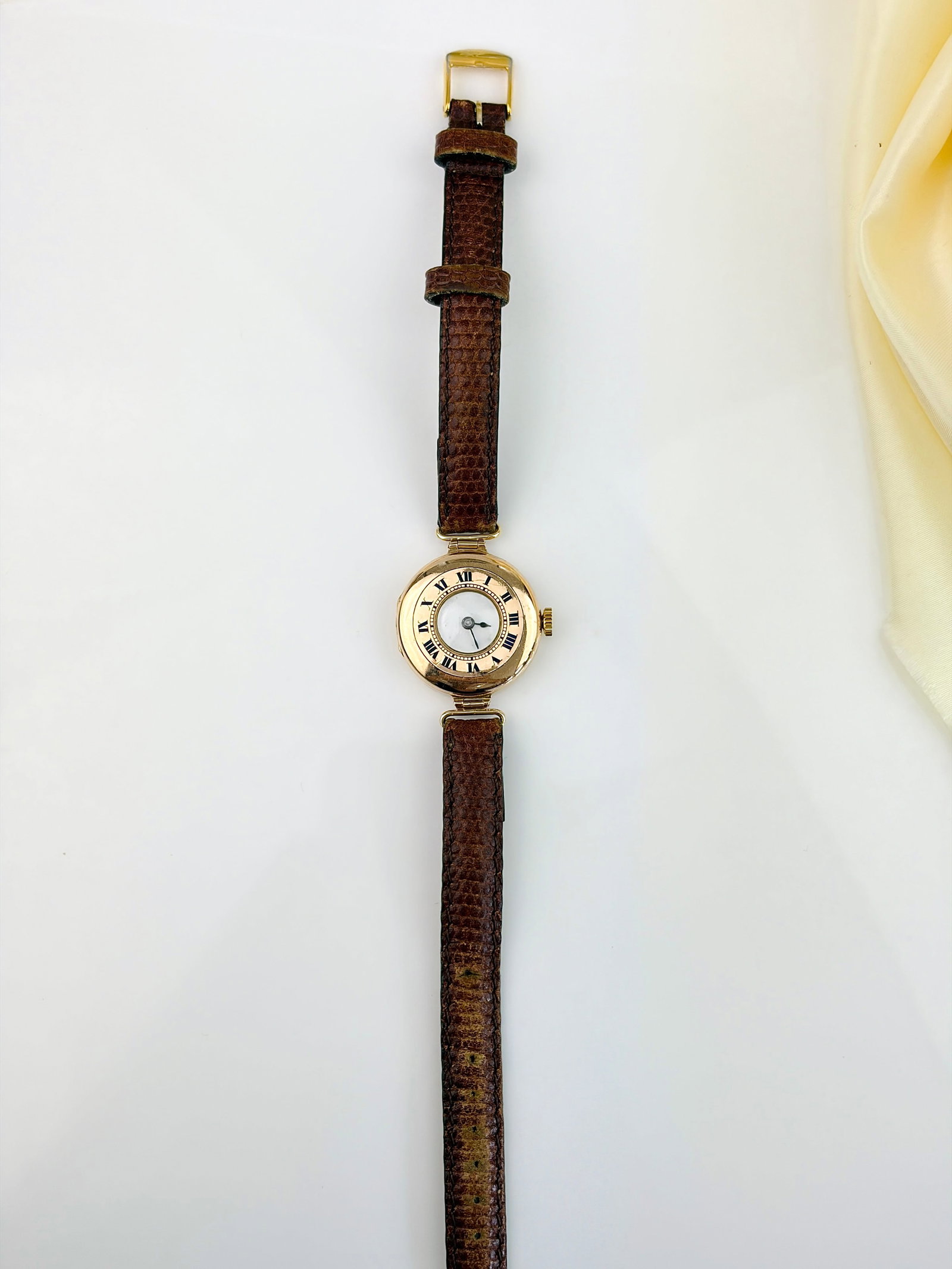 ANTIQUE 9CT GOLD HALF HUNTER WRISTWATCH WITH BROWN LEATHER STRAP - 2