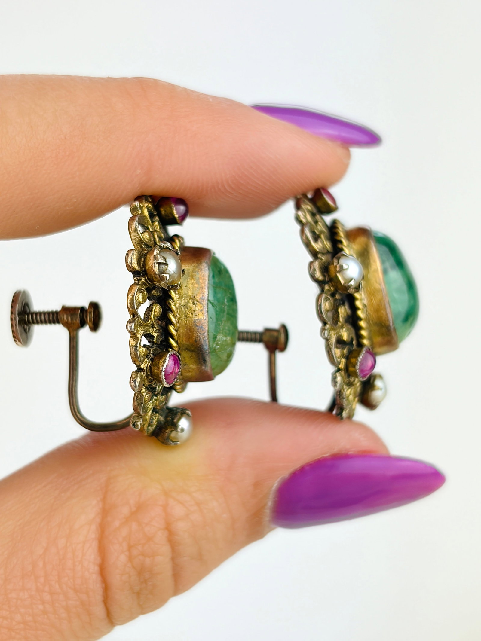 ANTIQUE AUSTRO HUNGARIAN CABOCHON EMERALD, RUBY AND PEARL LARGE EARRINGS - 2