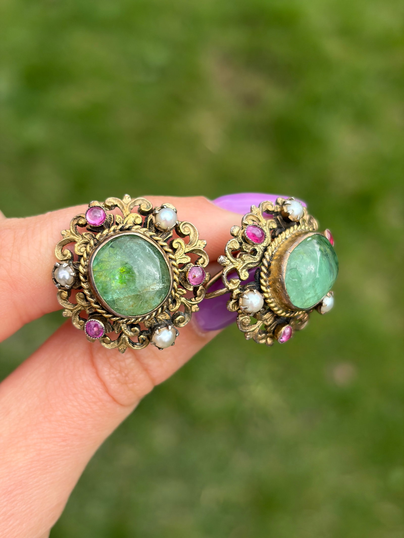 ANTIQUE AUSTRO HUNGARIAN CABOCHON EMERALD, RUBY AND PEARL LARGE EARRINGS - 7