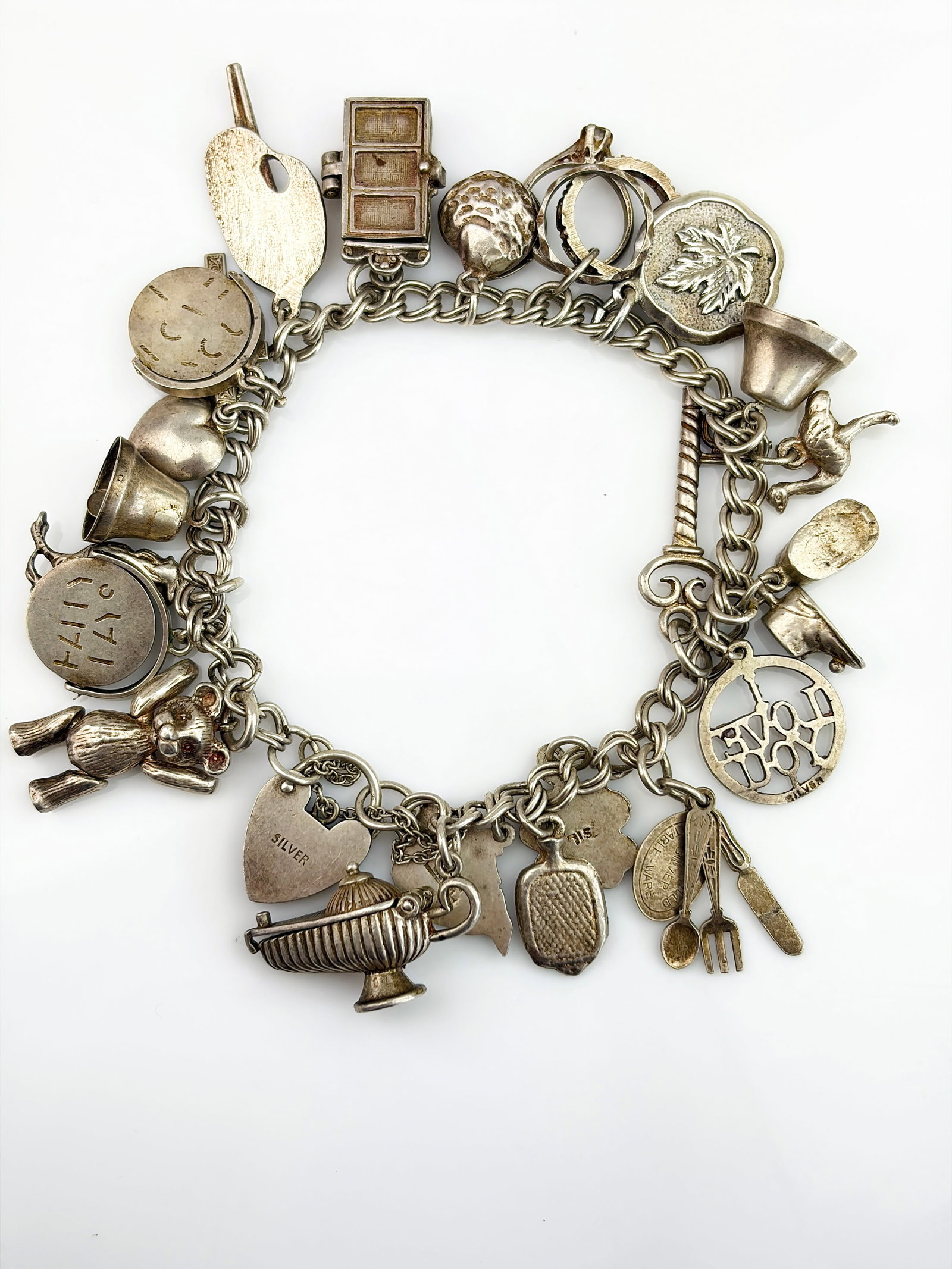 VINTAGE STERLING SILVER CHARM BRACELET WITH PADLOCK, OPENING CHARMS, SPINNERS ETC - 2