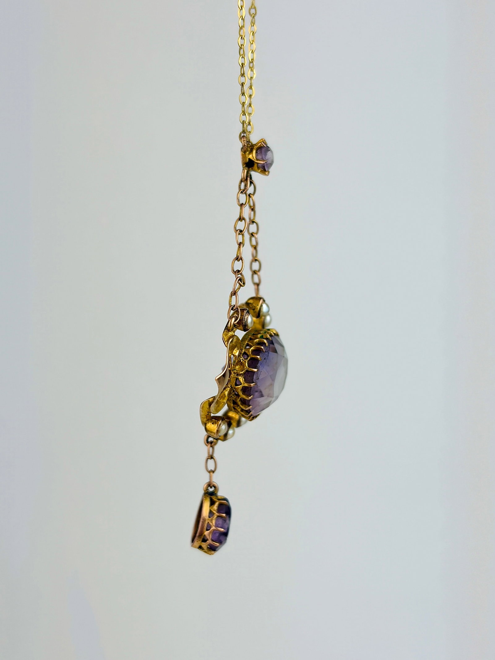 Antique Edwardian 9ct Gold Amethyst and Pearl Drop Necklace - 2