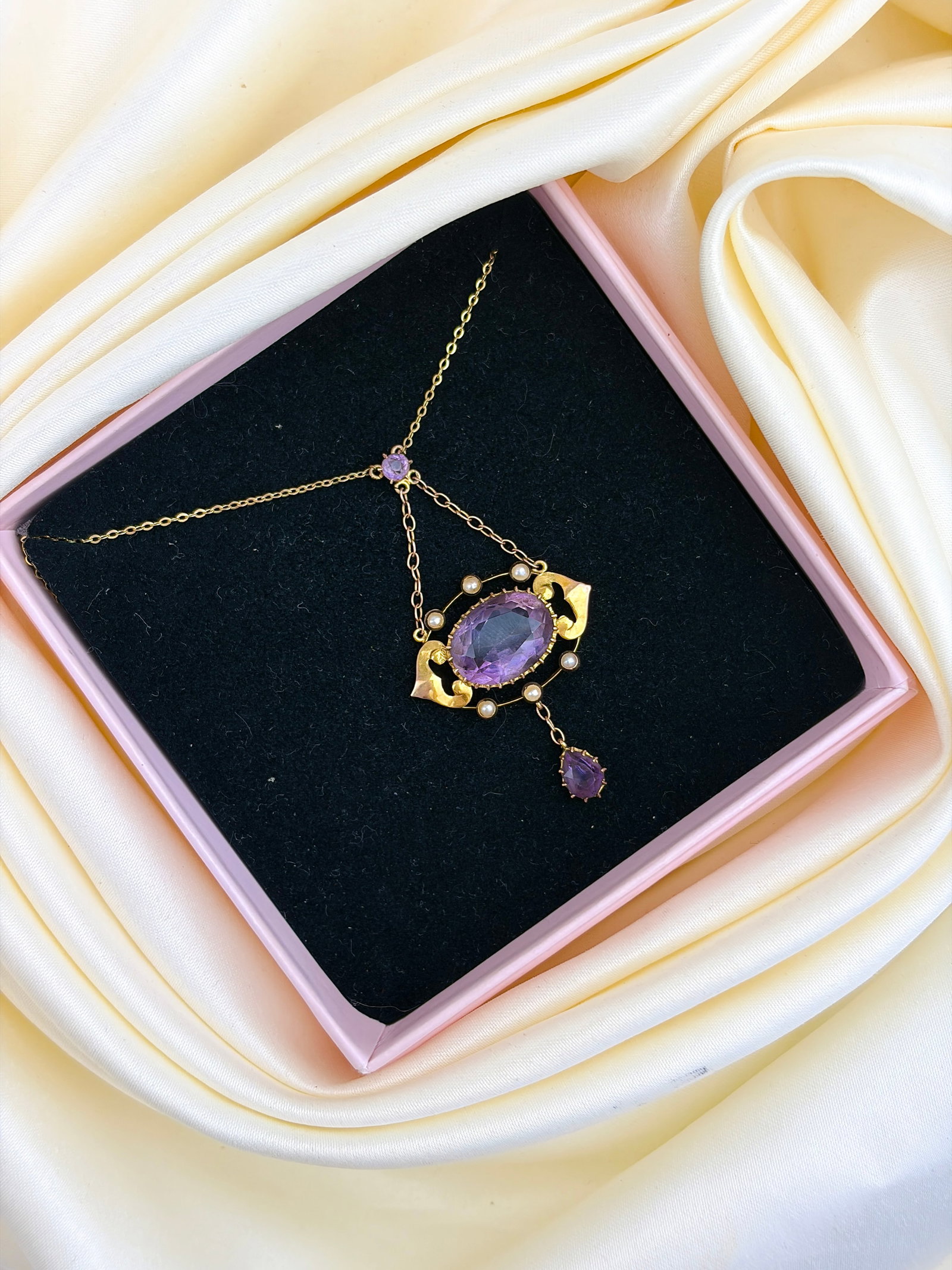 Antique Edwardian 9ct Gold Amethyst and Pearl Drop Necklace - 7