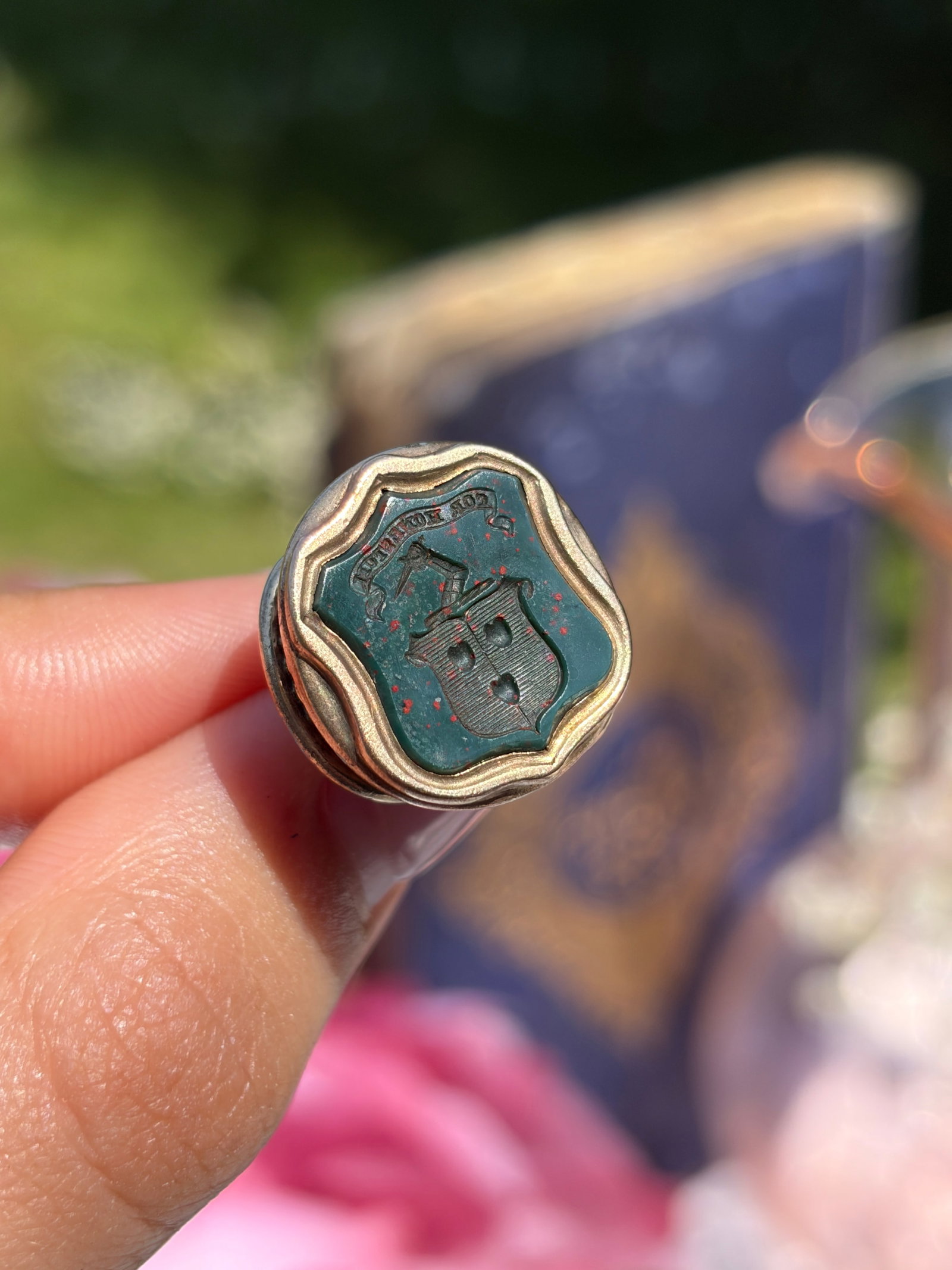 Antique Gold Bloodstone Intaglio Armorial Fob Seal Pendant with Snake - 3