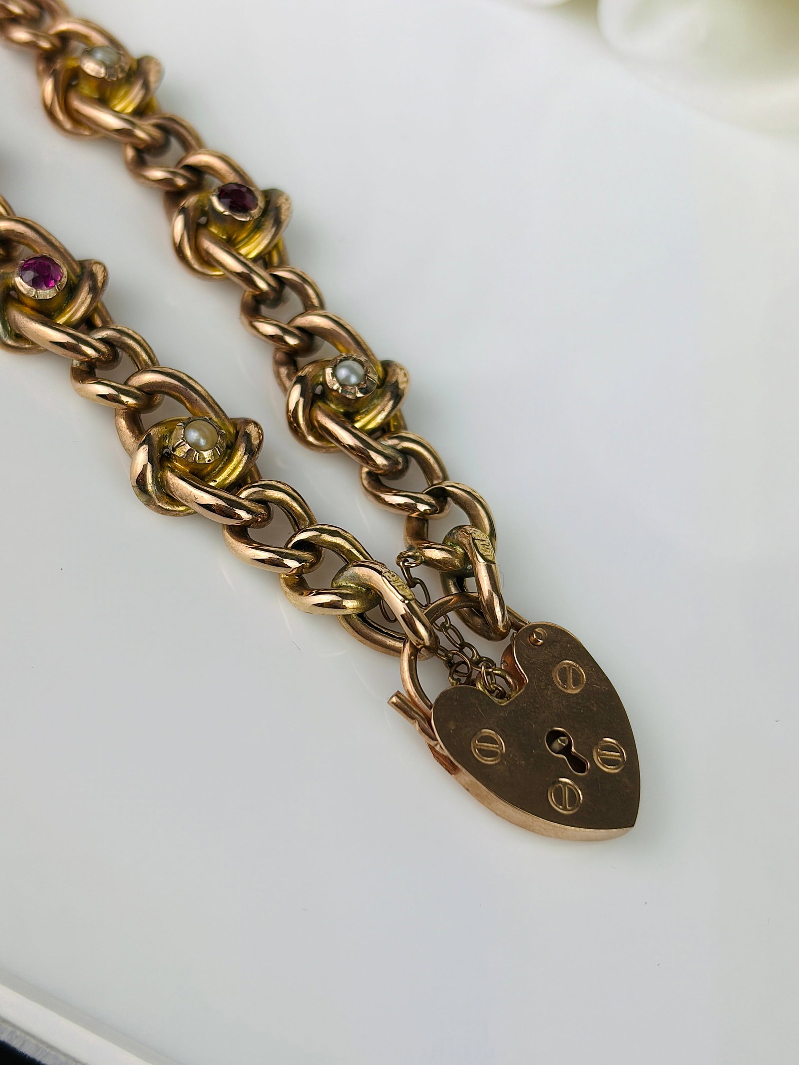 Antique 9ct Gold Stone Set Fancy Link Curb Bracelet with Heart Padlock - 2