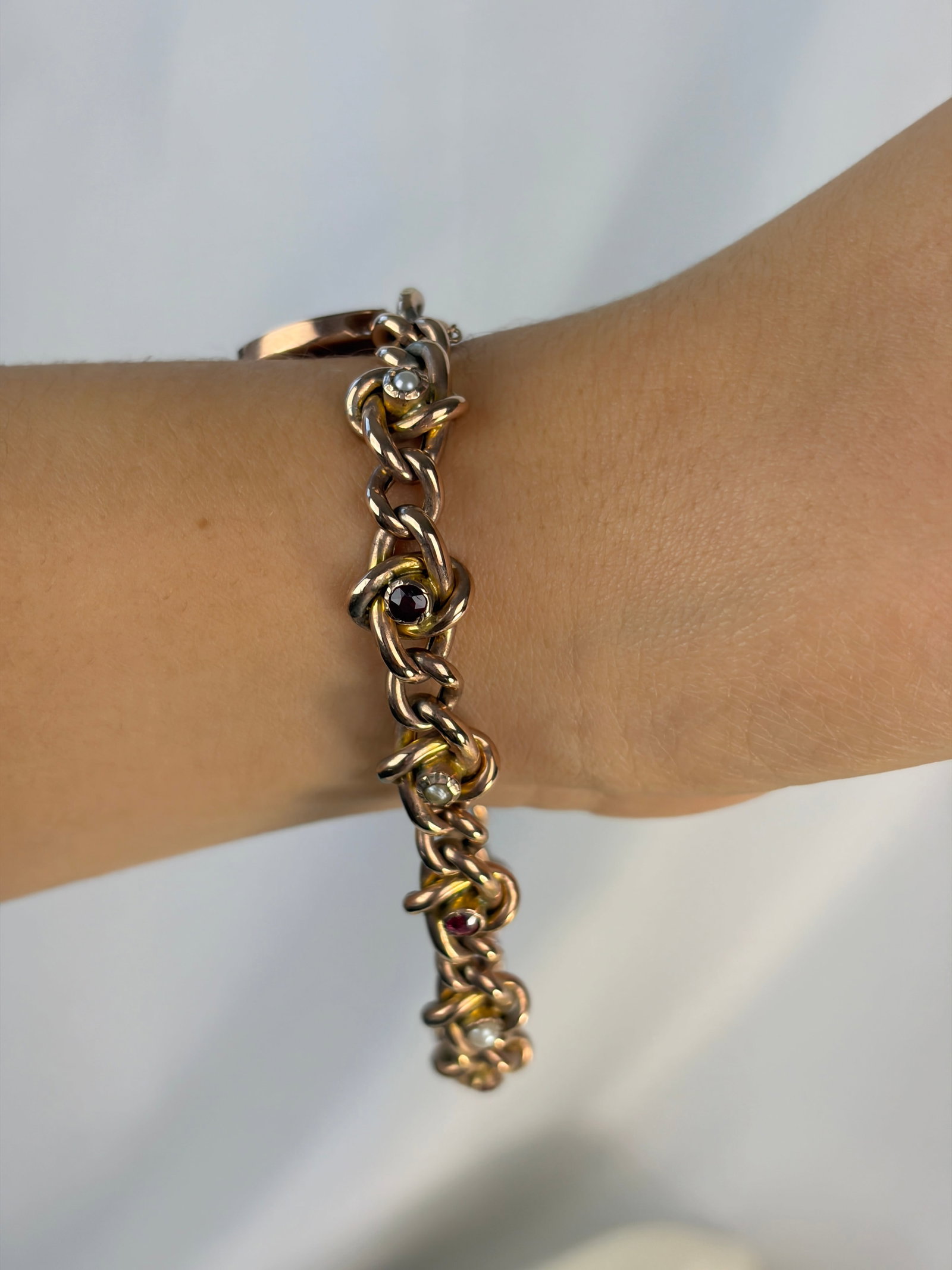 Antique 9ct Gold Stone Set Fancy Link Curb Bracelet with Heart Padlock - 7