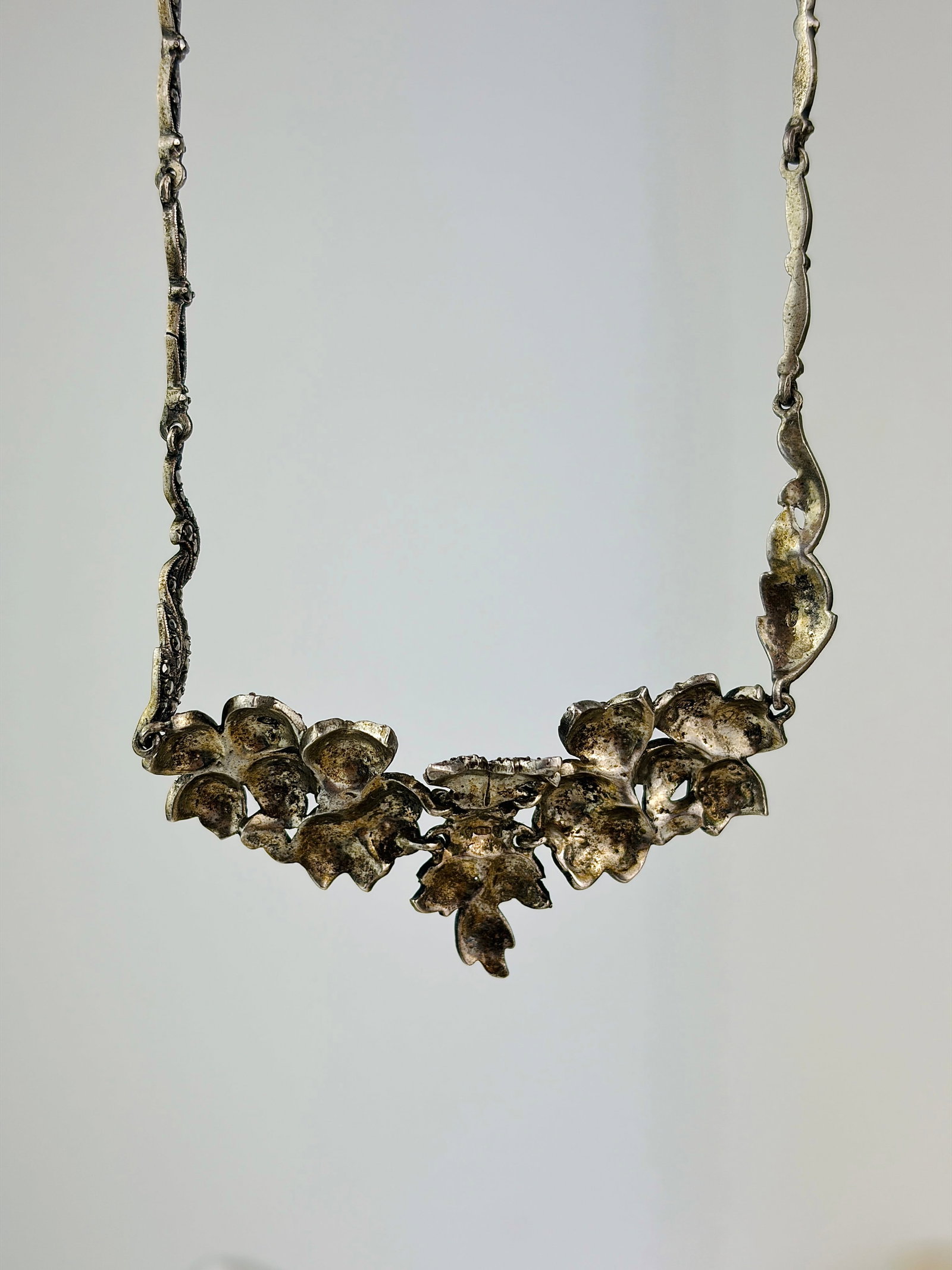 antique silver marcasite floral necklace - 2