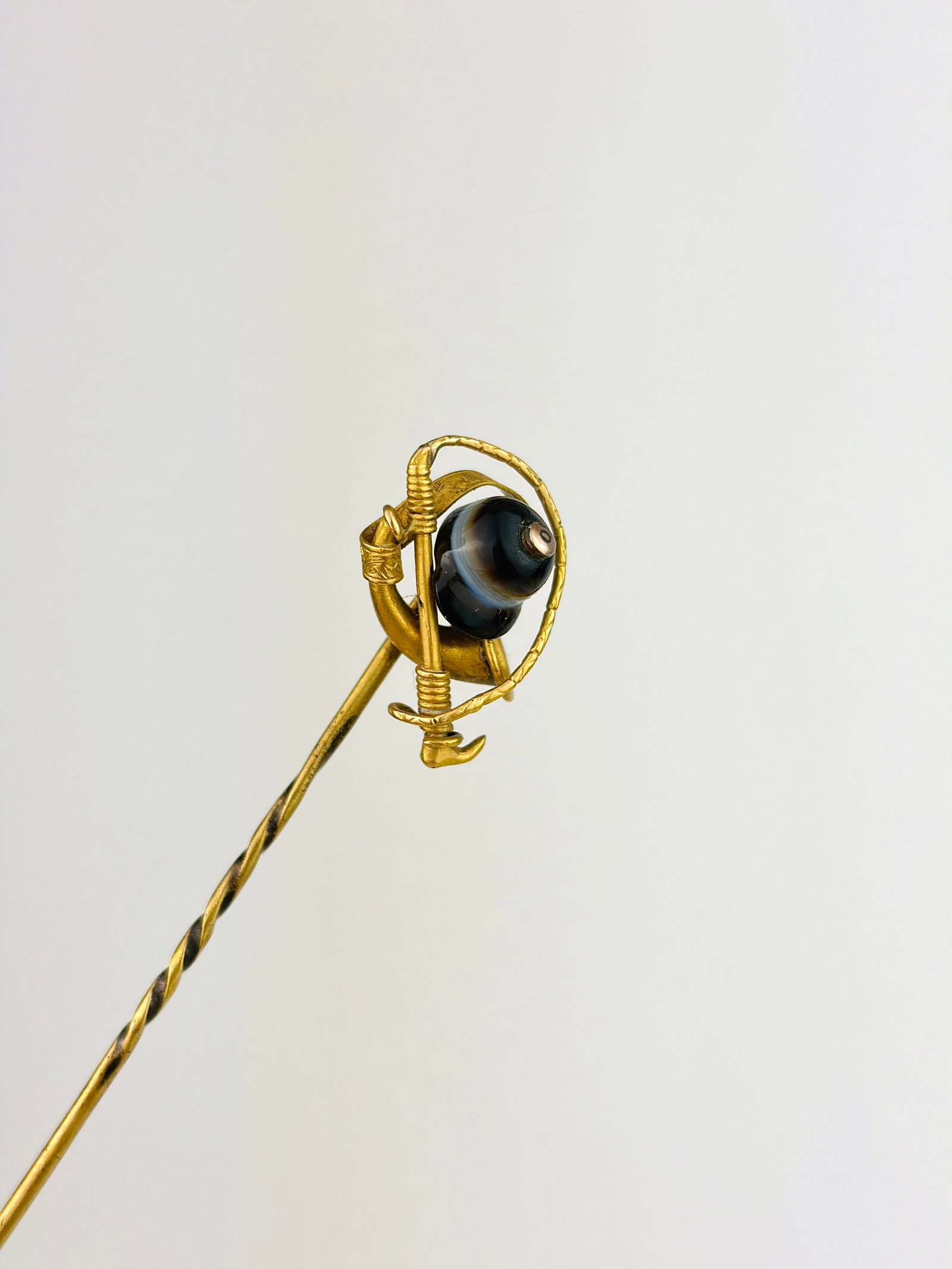 Antique Boxed 18ct Yellow Gold Banded Agate Stick Pin Brooch - 3