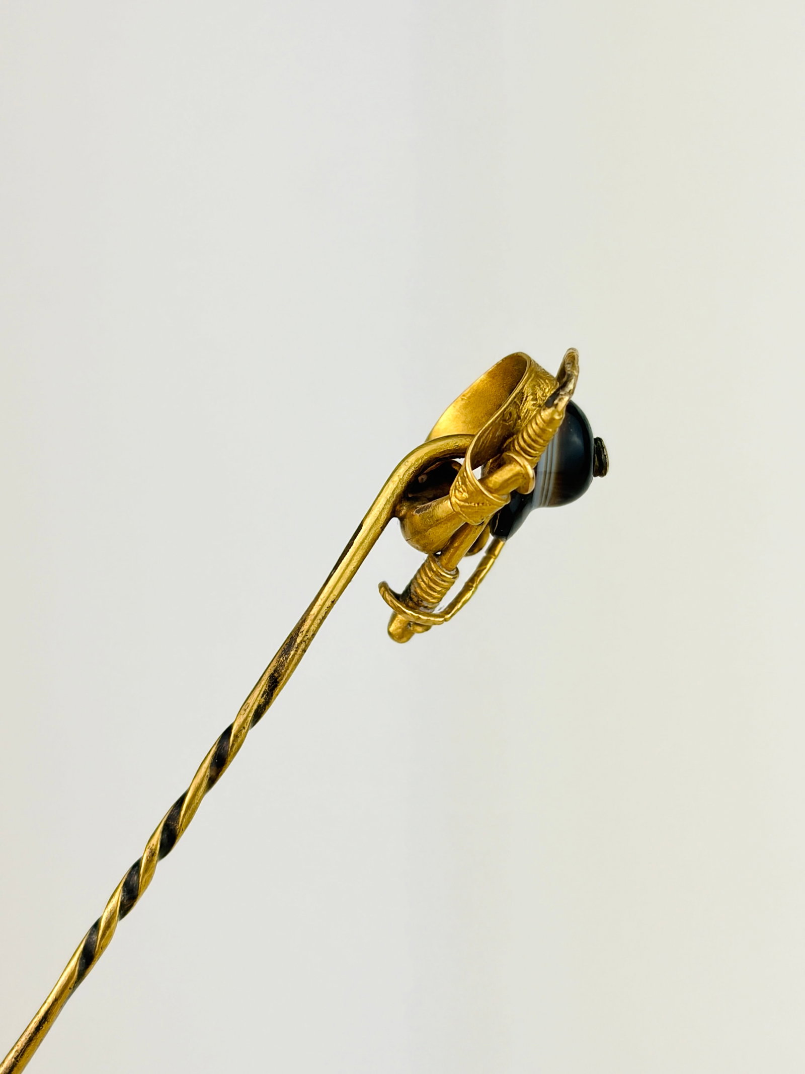 Antique Boxed 18ct Yellow Gold Banded Agate Stick Pin Brooch - 4