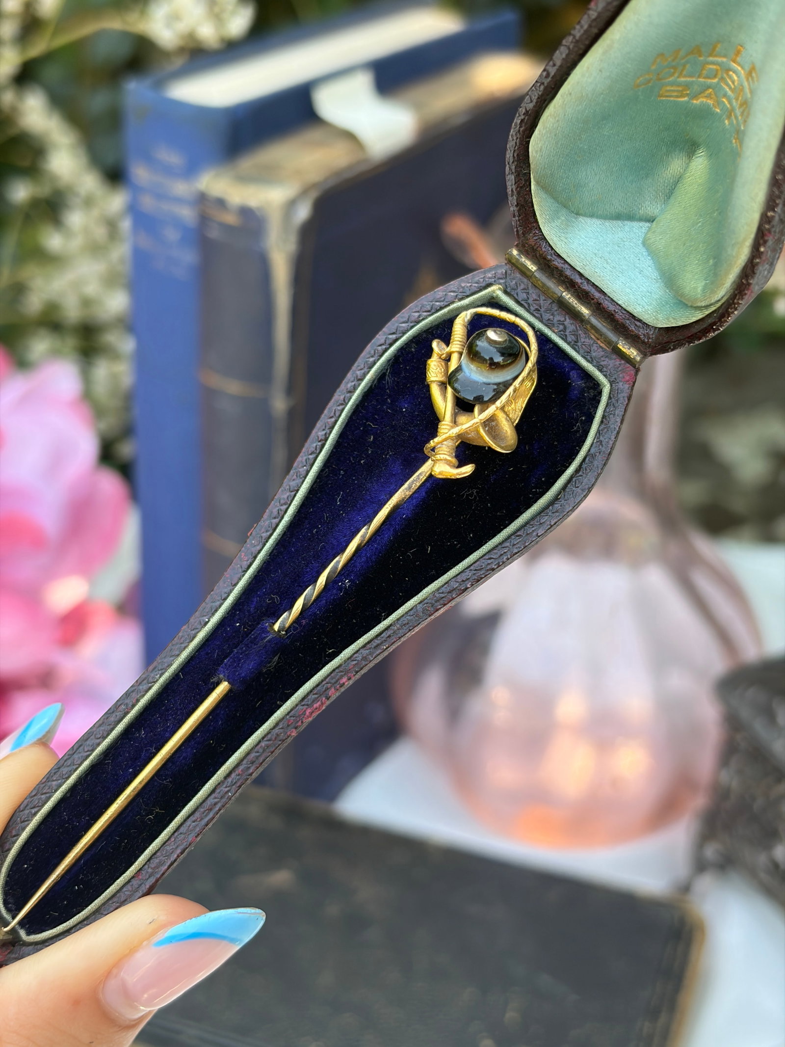 Antique Boxed 18ct Yellow Gold Banded Agate Stick Pin Brooch - 7