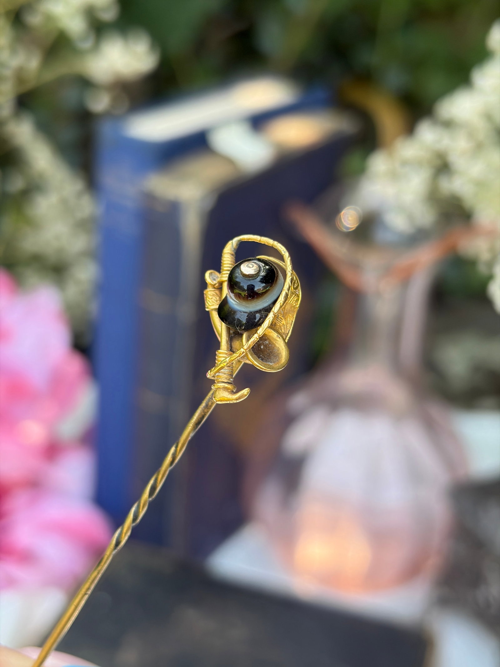 Antique Boxed 18ct Yellow Gold Banded Agate Stick Pin Brooch - 8
