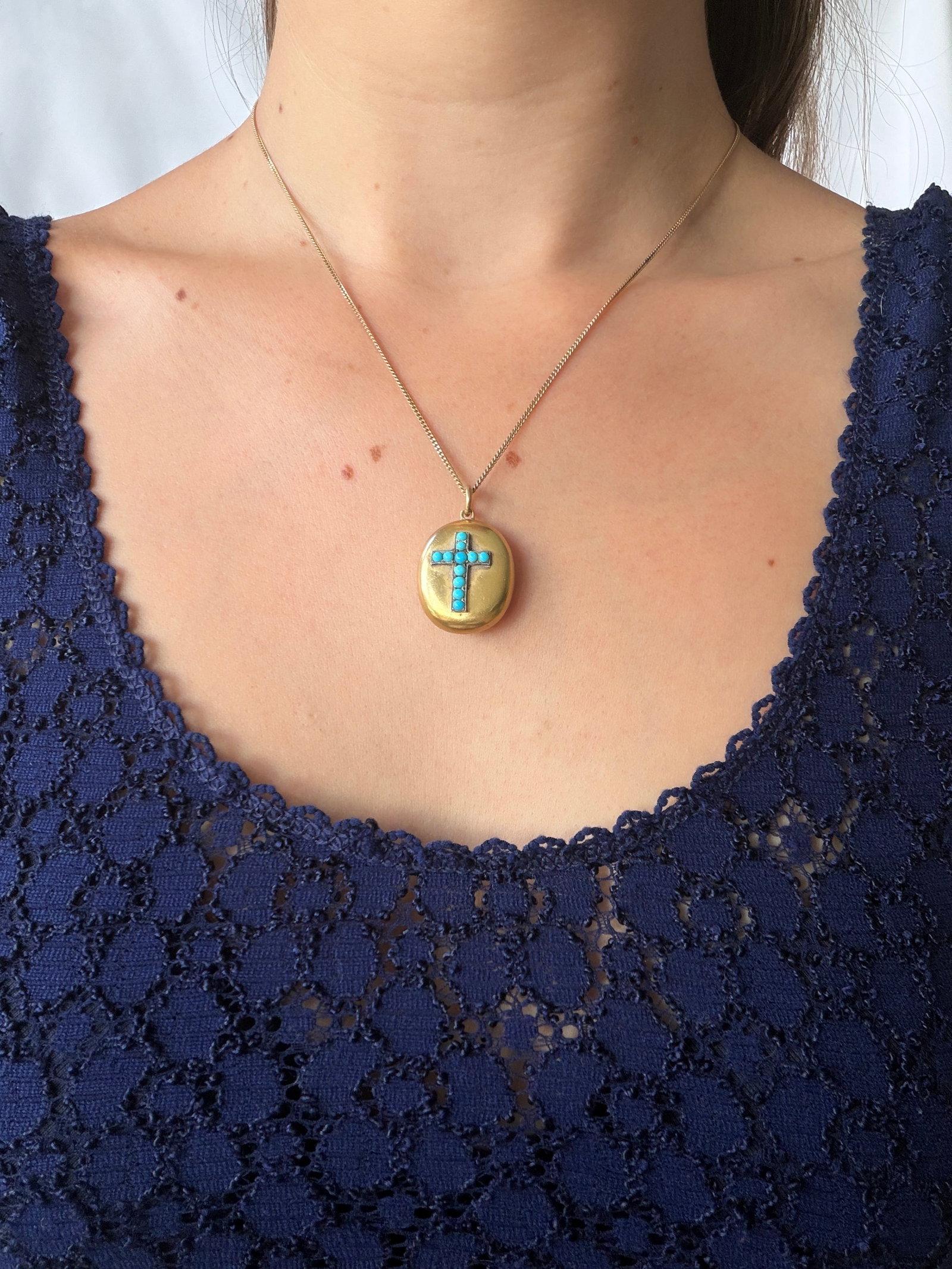 Antique Victorian 18ct Yellow Gold Turquoise Cross Locket Back Pendant - 7