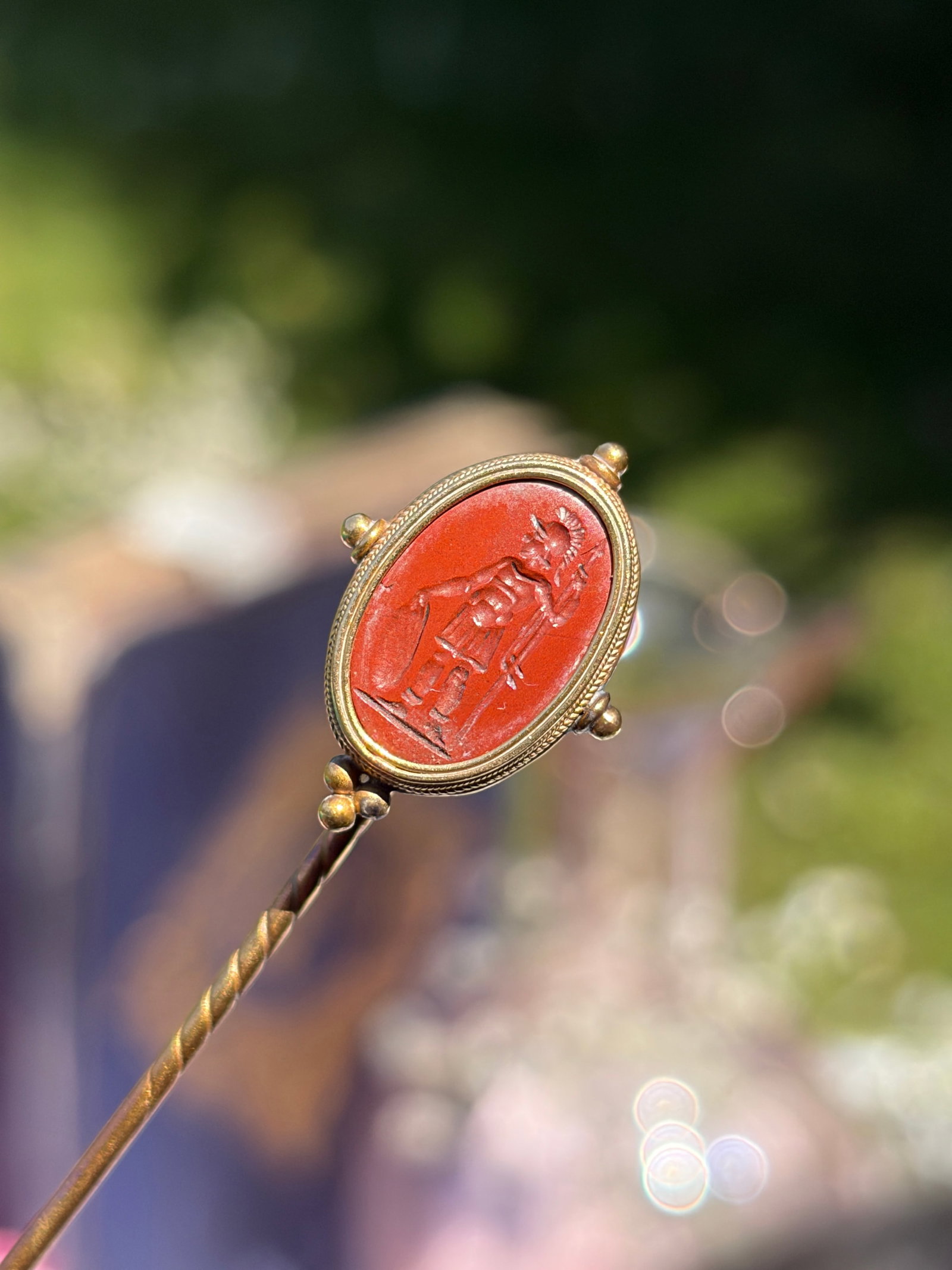 Antique 18ct Gold Carnelian Roman Intaglio Stick Pin - 2