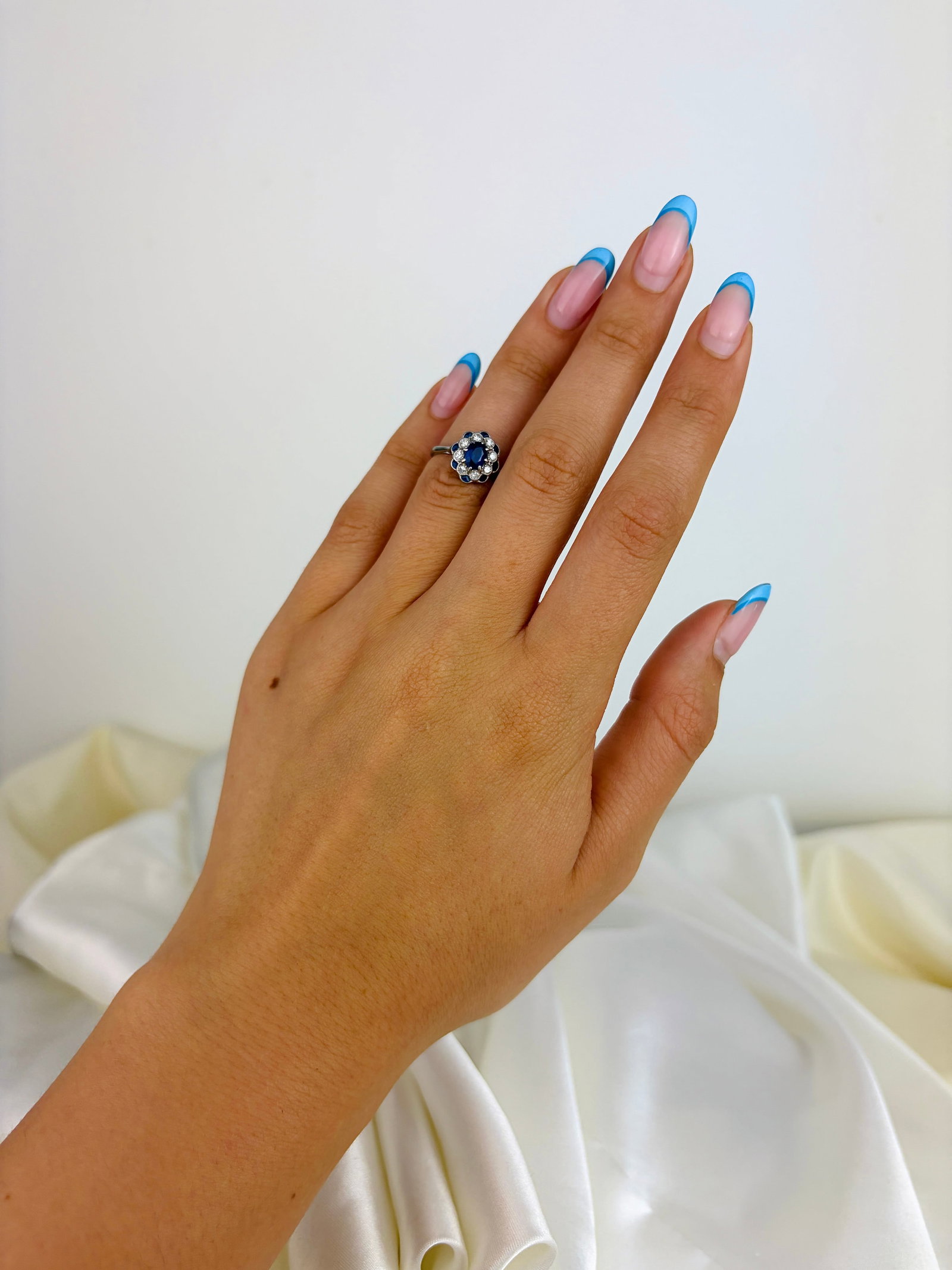 Stunning Art Deco Era 18ct White Gold and Platinum Sapphire and Diamond Flower Cluster Ring - 8