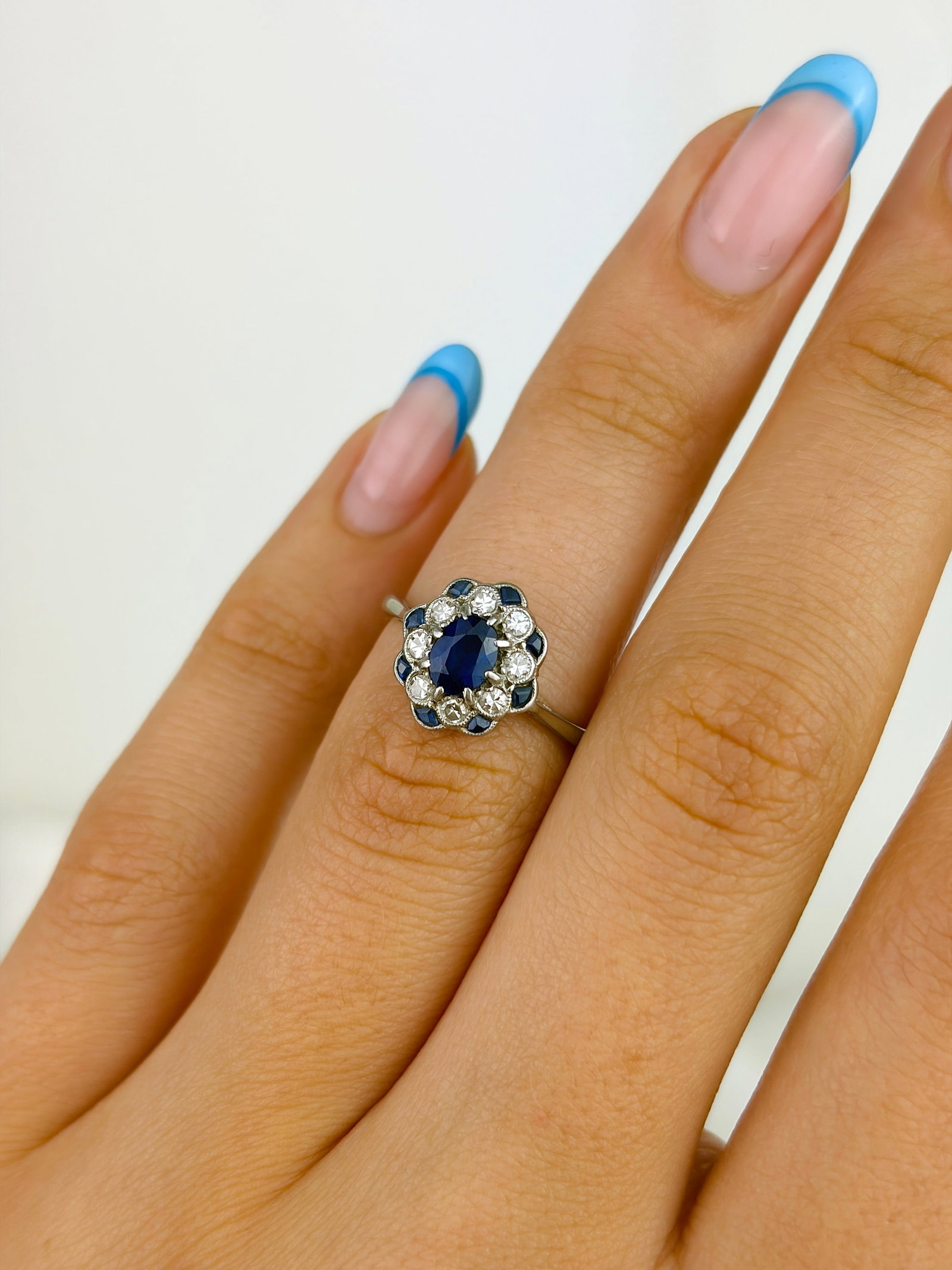 Stunning Art Deco Era 18ct White Gold and Platinum Sapphire and Diamond Flower Cluster Ring - 9