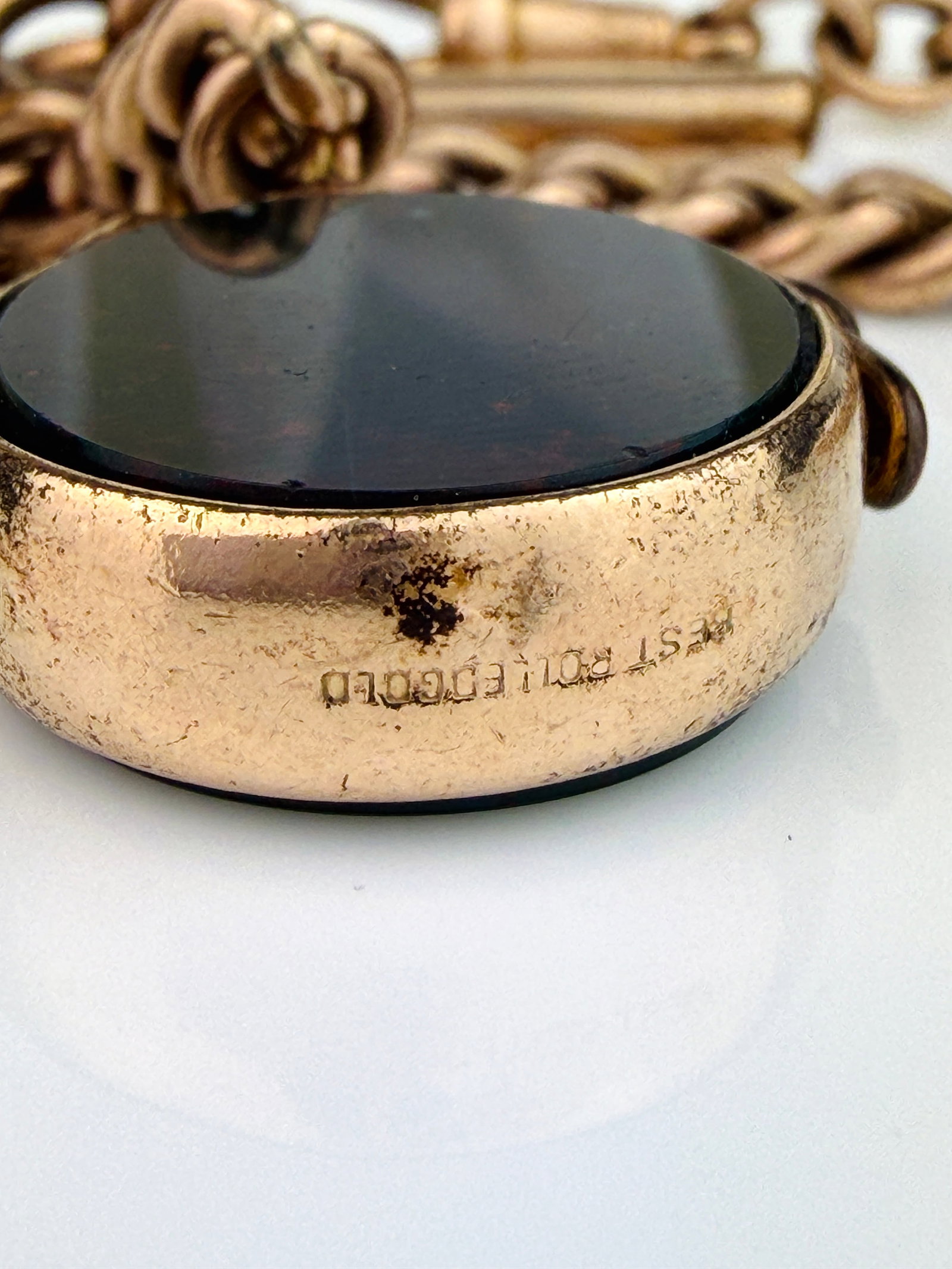 Rolled Gold Double Albert Chain with Bloodstone Spinning Fob - 4