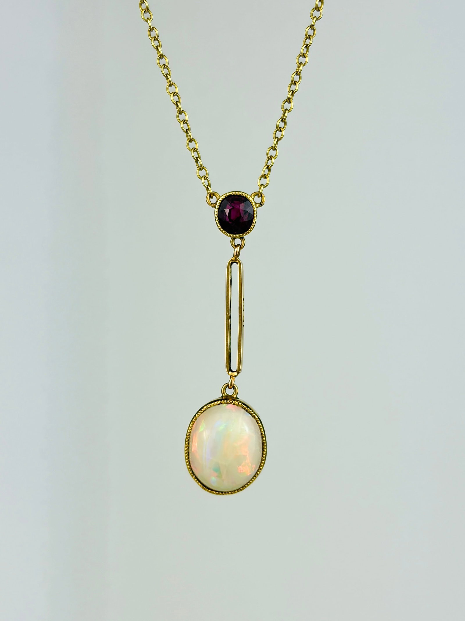 ANTIQUE BOXED OPAL AND RUBY DROP NECKLACE IN 15CT YELLOW GOLD - 2
