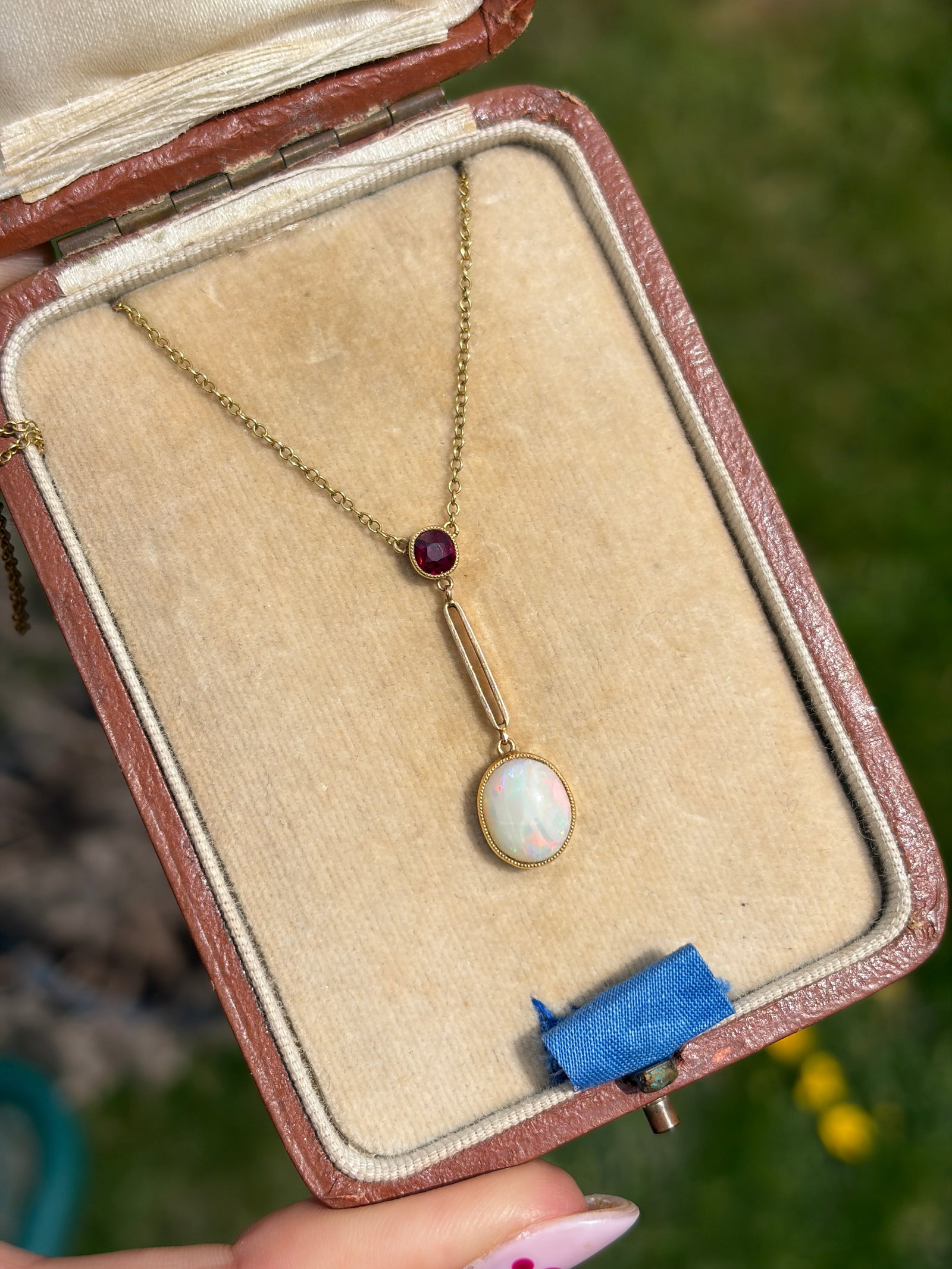 ANTIQUE BOXED OPAL AND RUBY DROP NECKLACE IN 15CT YELLOW GOLD - 7