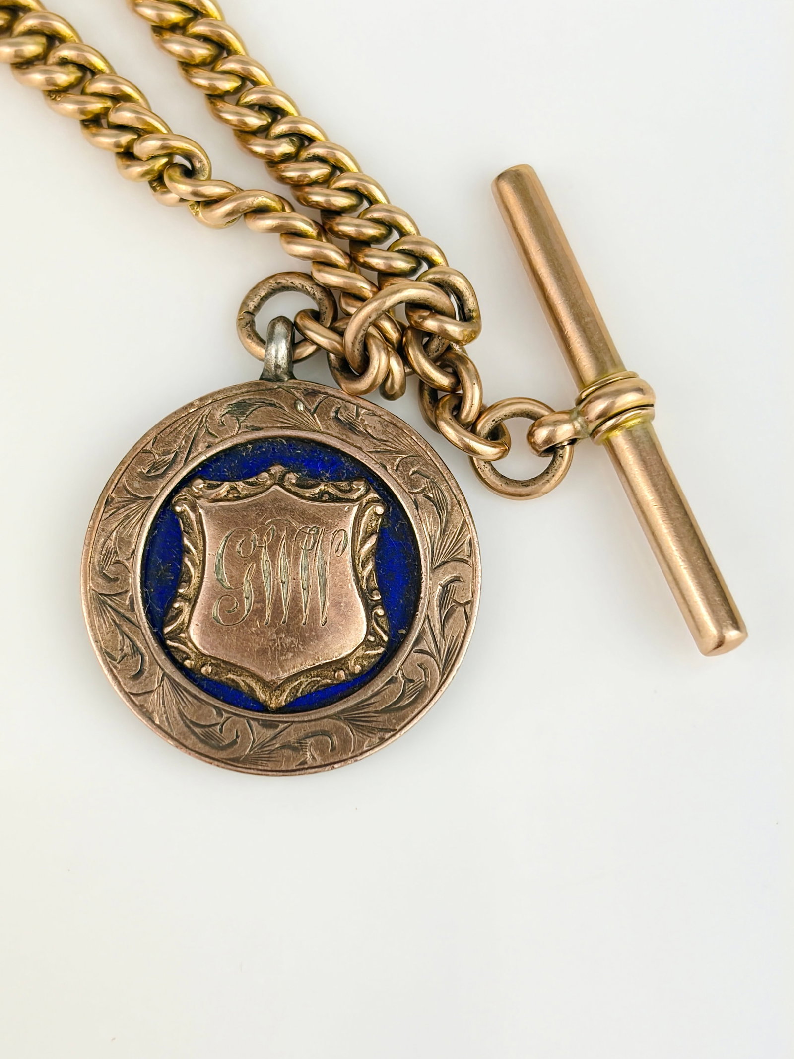 Antique 9ct Gold Double Albert Chain with Tbar, Enamel Medal - 3