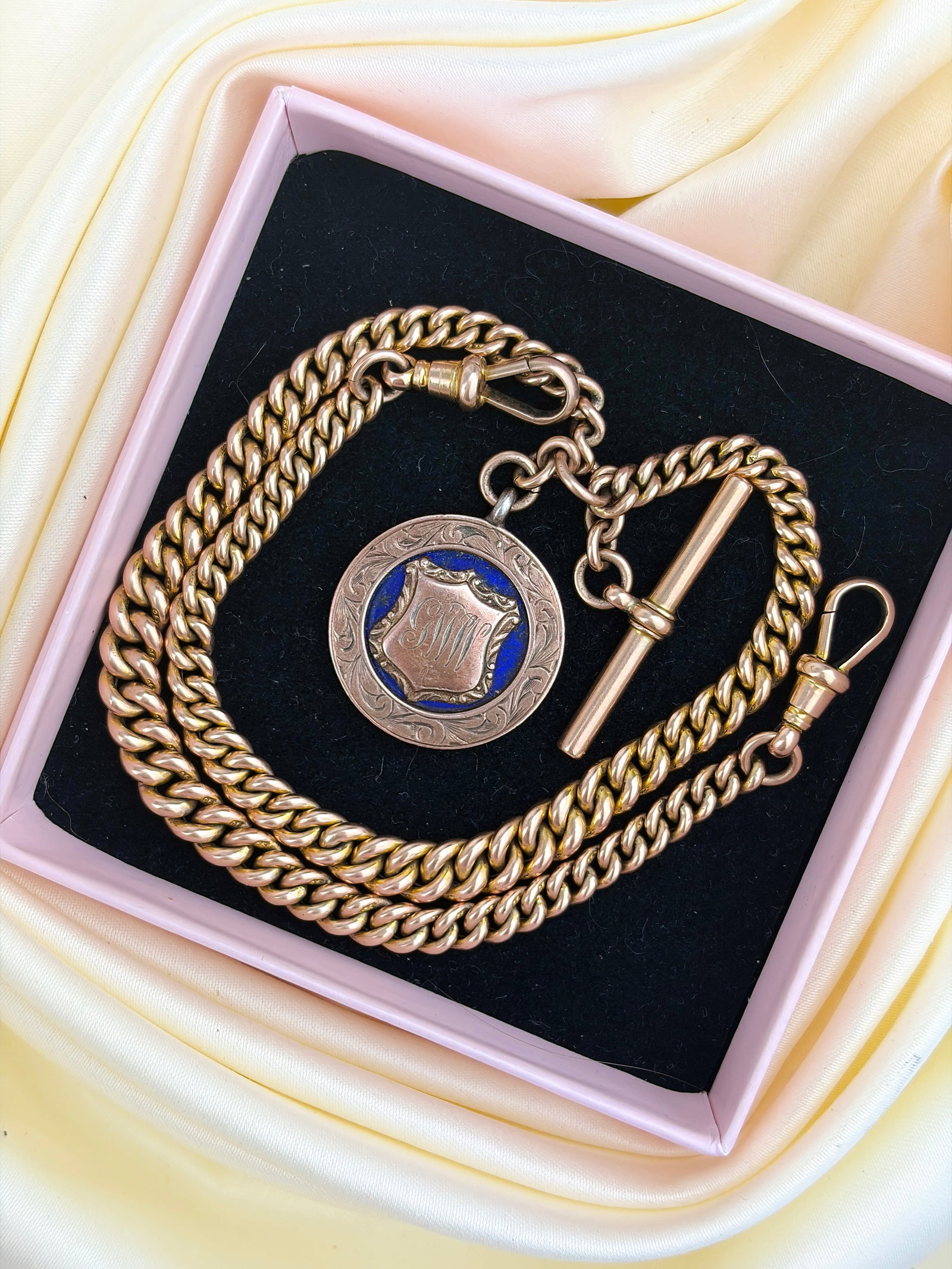 Antique 9ct Gold Double Albert Chain with Tbar, Enamel Medal - 7
