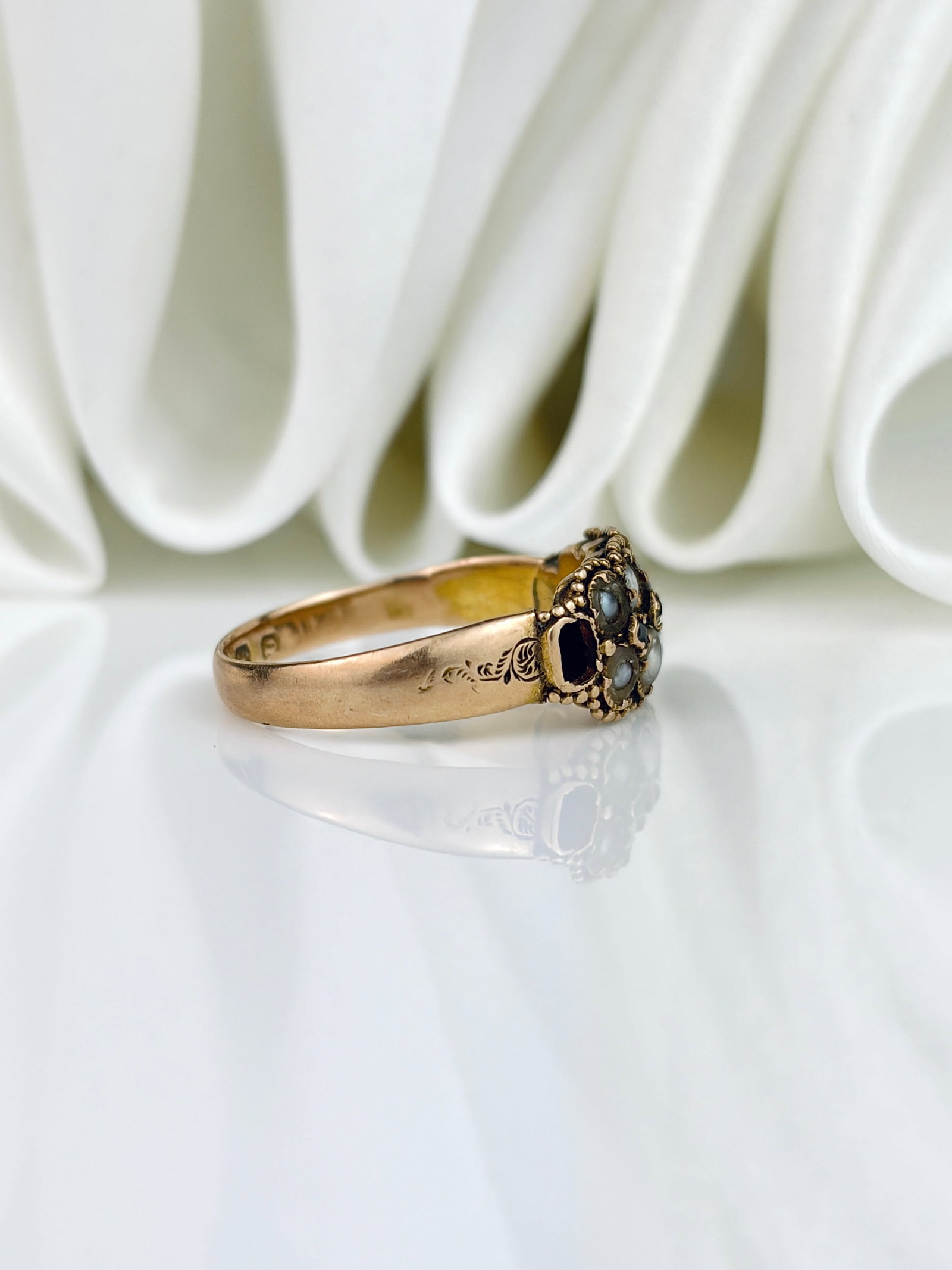 Antique 15ct Gold Pearl and Diamond Flower Ring - 2
