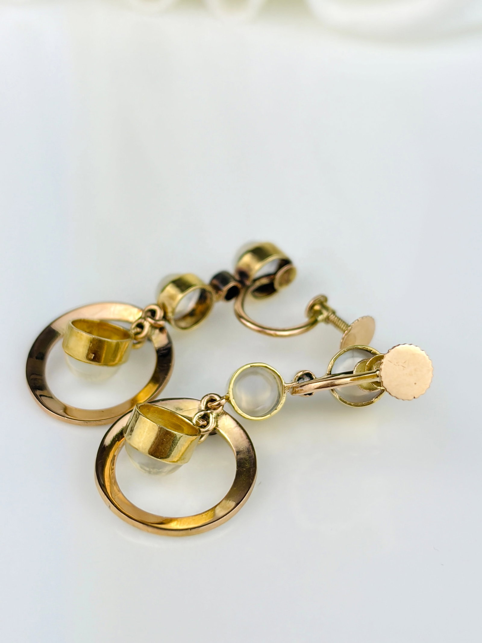 ANTIQUE MOONSTONE, DIAMOND AND ENAMEL DROP EARRINGS IN GOLD - 5