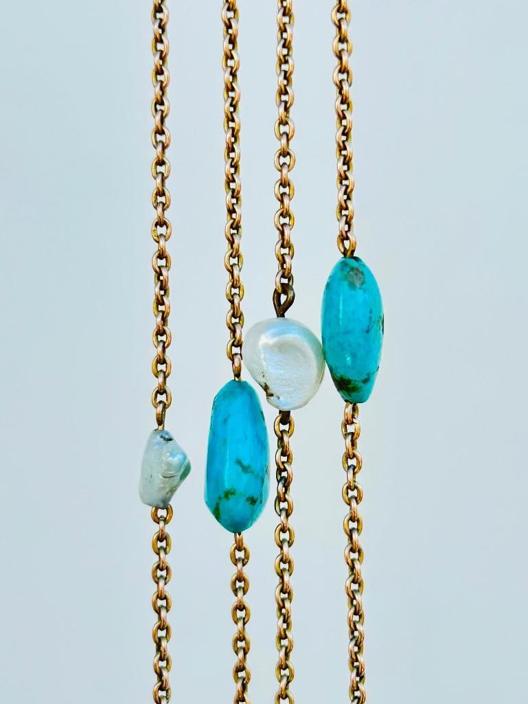 Wonderful Gold Barque Pearl and Turquoise Longguard Chain Necklace - 3