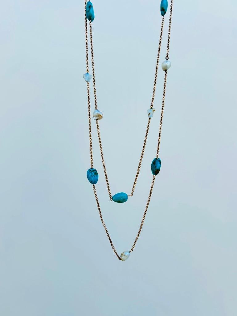 Wonderful Gold Barque Pearl and Turquoise Longguard Chain Necklace - 4