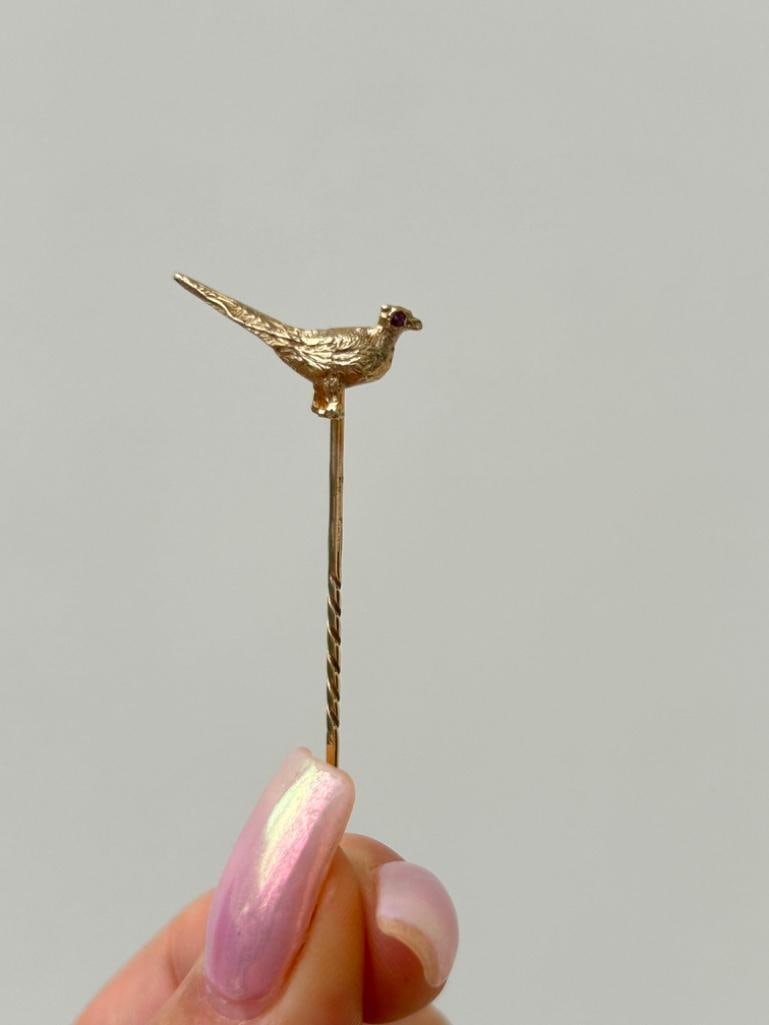 Antique Boxed Gold Pheasant Pin with Ruby Eye - 3