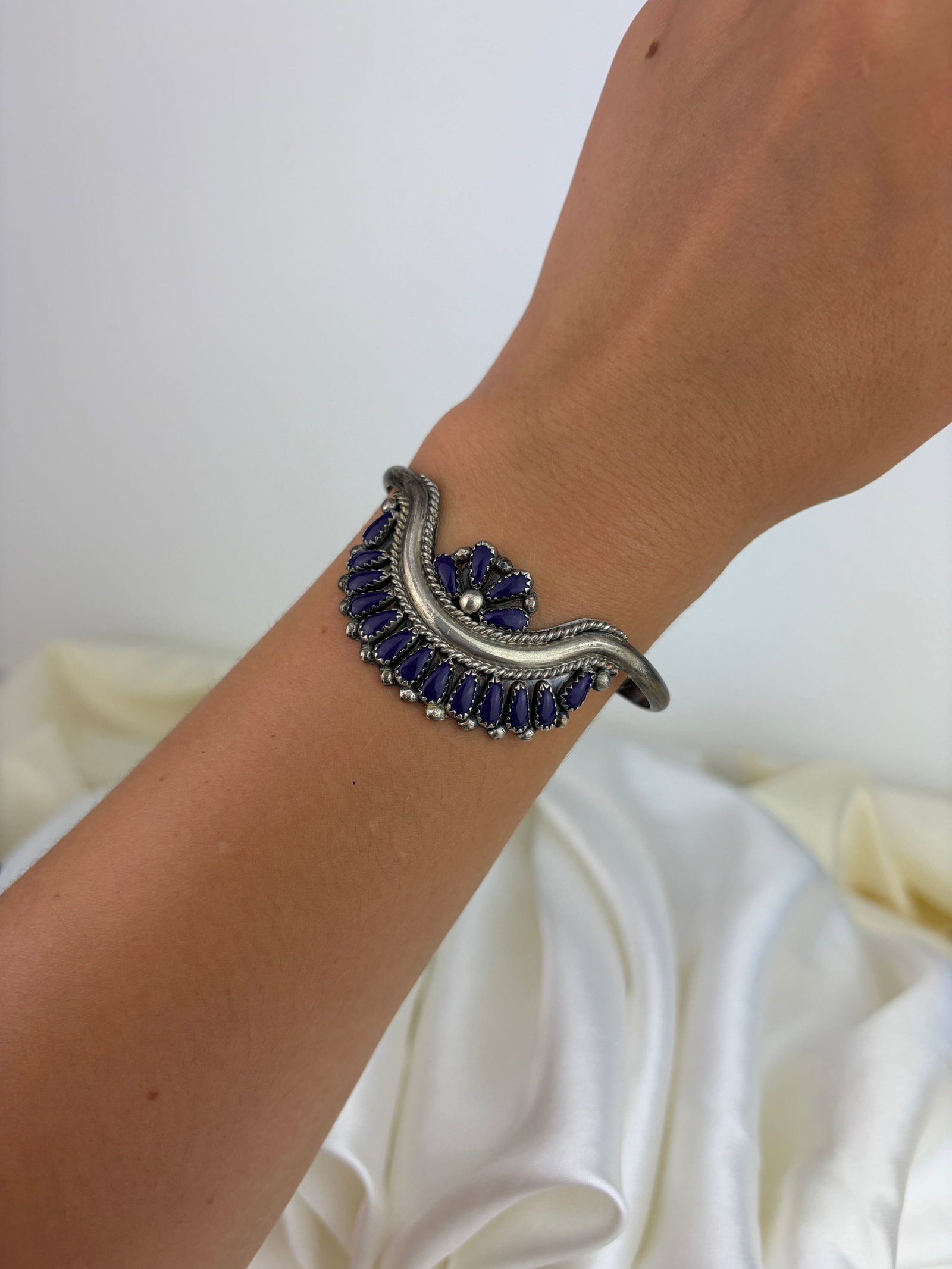 Sterling Silver Purple Stone Ornate Design Cuff Bangle - 4