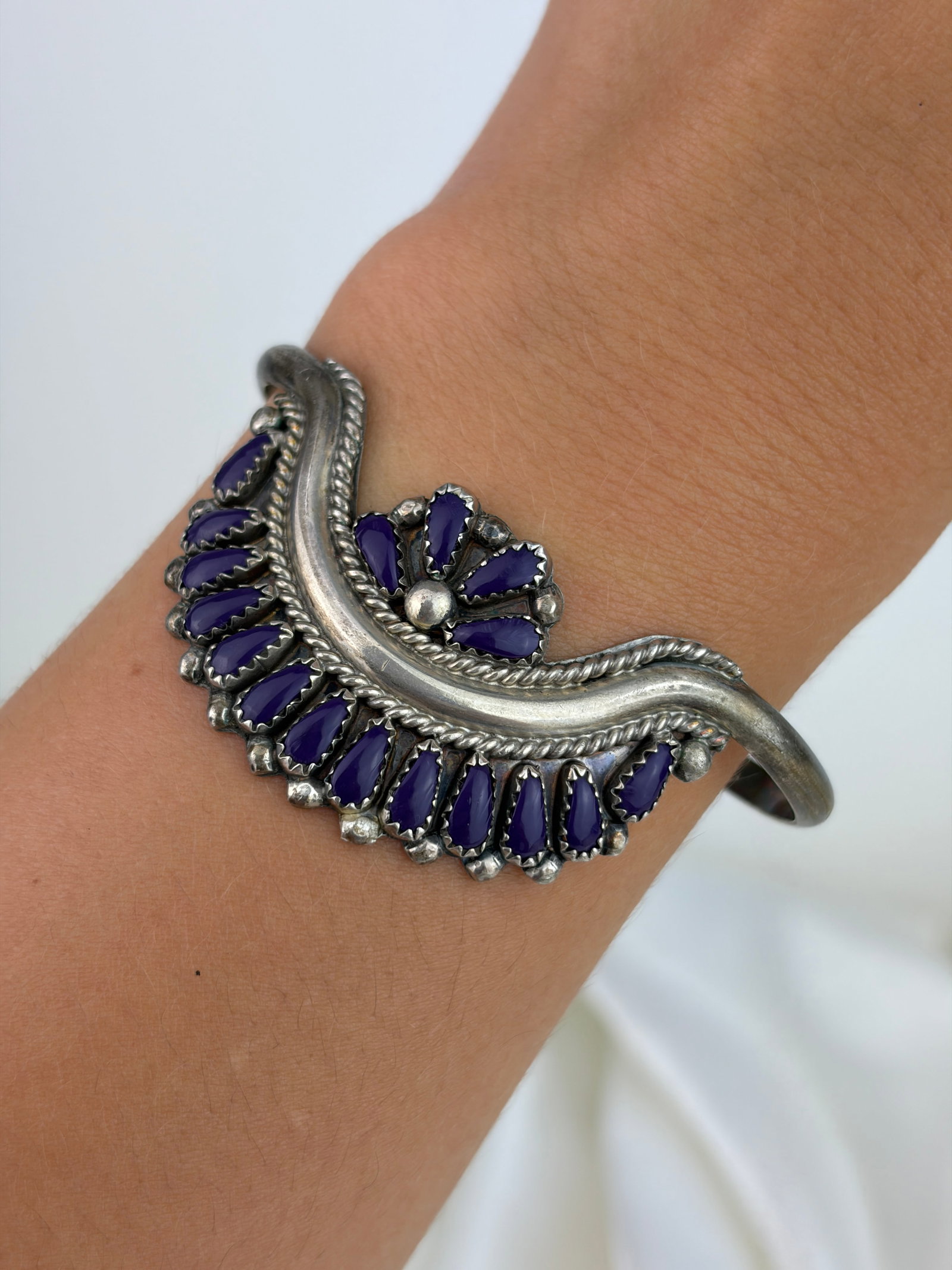 Sterling Silver Purple Stone Ornate Design Cuff Bangle - 5