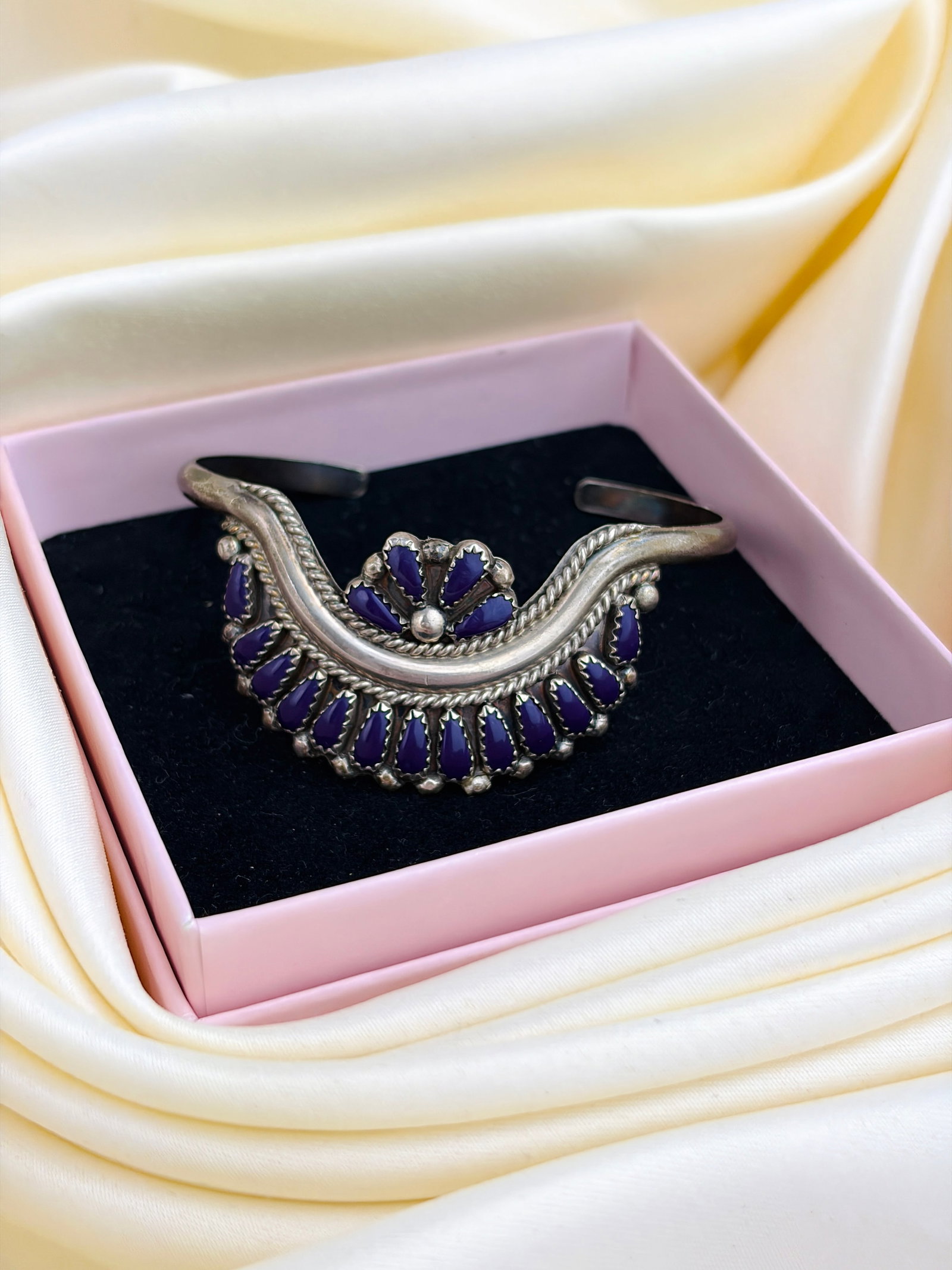 Sterling Silver Purple Stone Ornate Design Cuff Bangle - 6