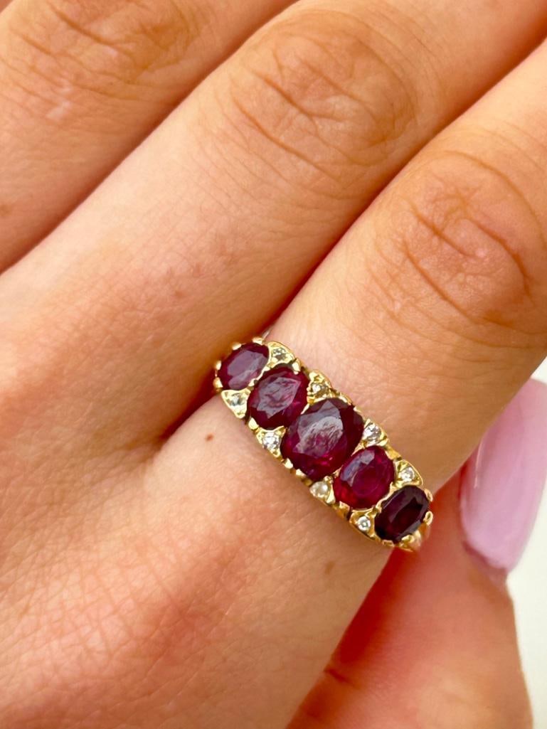 Chunky 18ct Yellow Gold Ruby and Diamond 5 Stone Ring: Chunky 18ct Yellow Gold Ruby and Diamond 5 Stone Ring 5 gorgeous ruby stones with sweet diamond points, exquisite!! measurements size UK P US 8 head of ring 20mm x 6mm weight 6.2