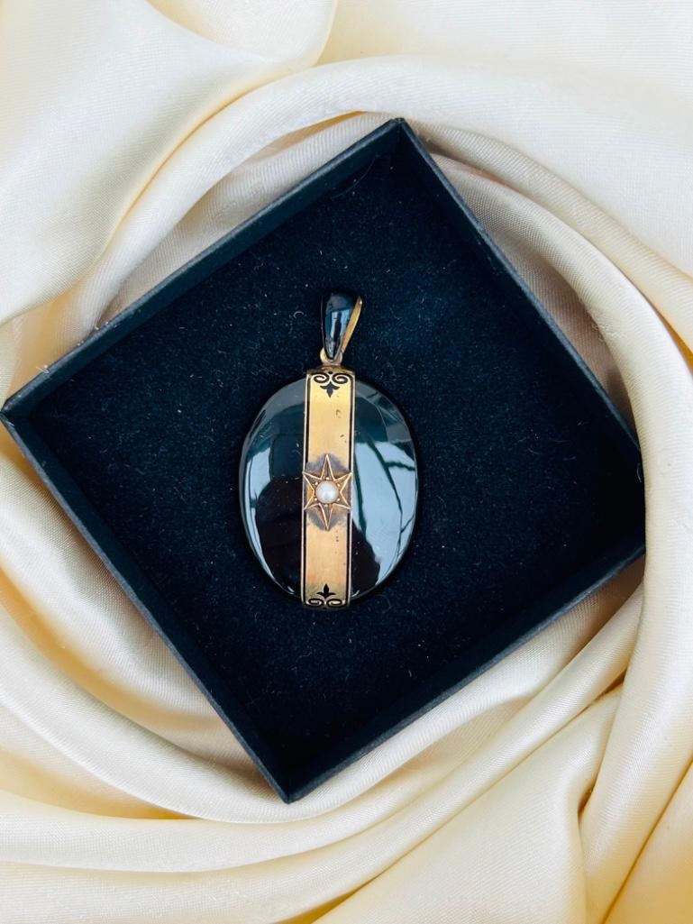 Antique Huge 18ct Yellow Gold Pearl and Onyx Star Locket Pendant - 3