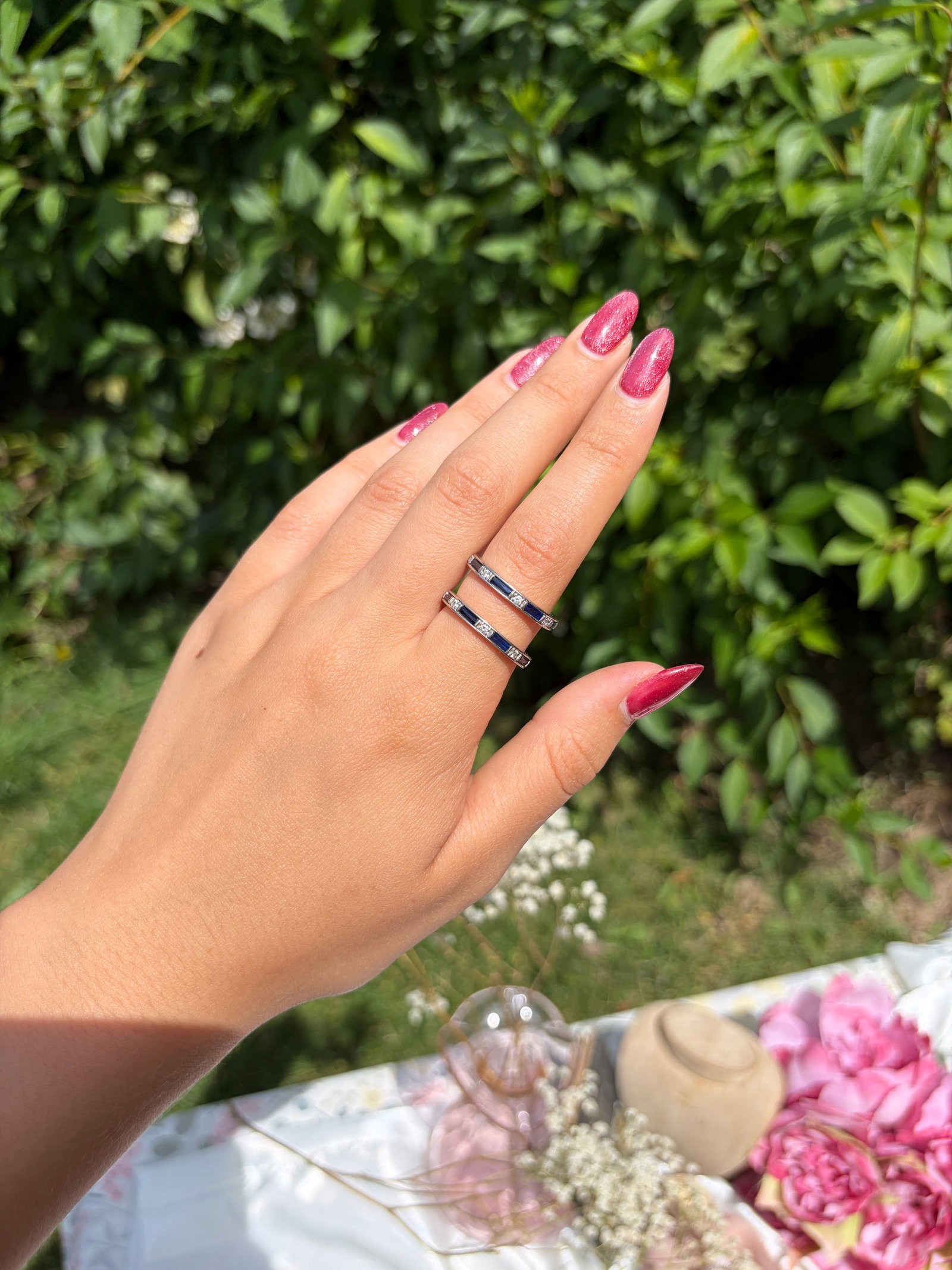 Pair of Vintage 14ct White Gold Sapphire and Diamond Full Eternity Band Rings - 4