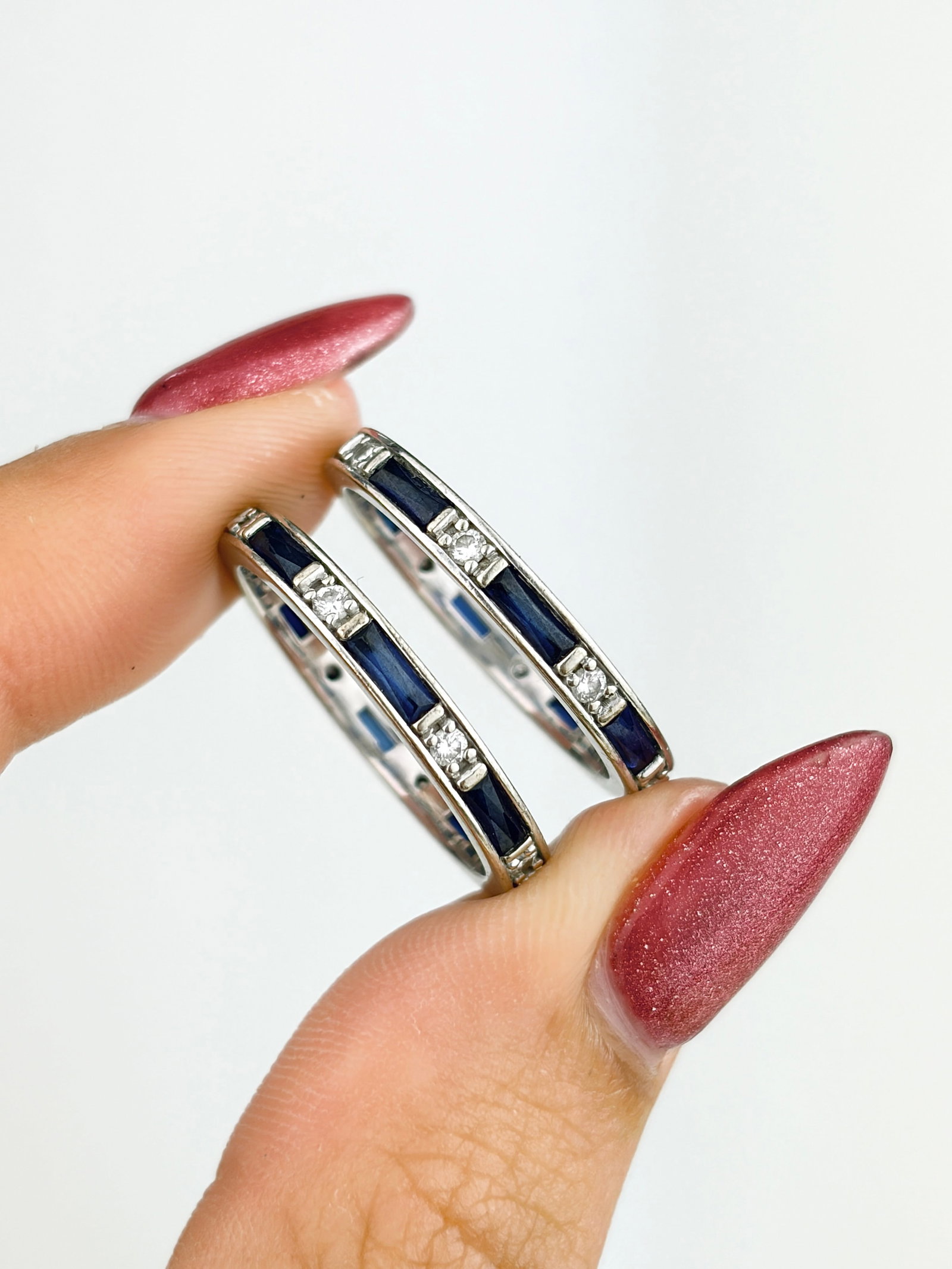 Pair of Vintage 14ct White Gold Sapphire and Diamond Full Eternity Band Rings - 9