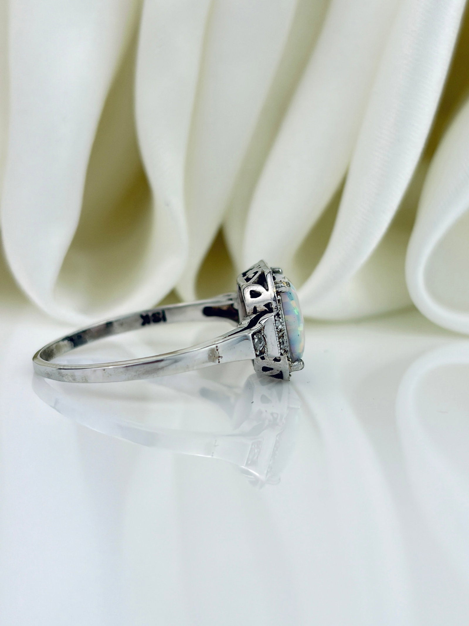 VINTAGE 18CT WHITE GOLD OPAL AND DIAMOND RING - 2