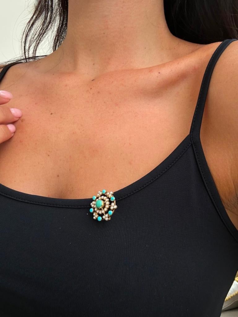 Antique 18ct Yellow Gold Pearl and Turquoise Flower Pendant in Original Box - 3
