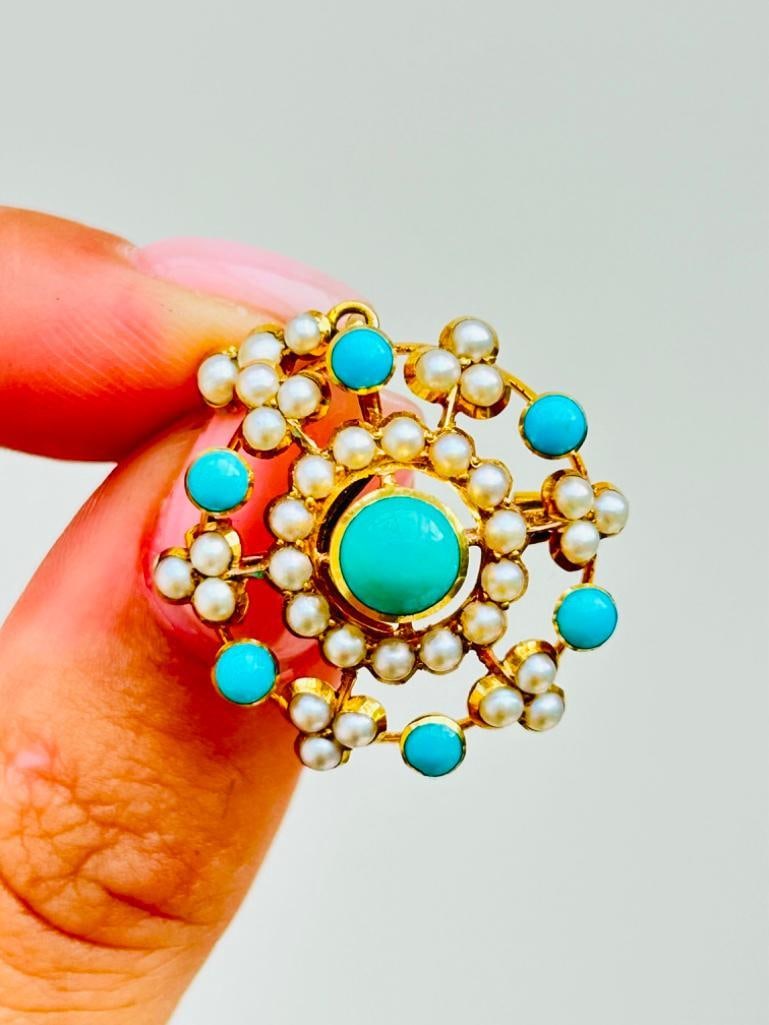 Antique 18ct Yellow Gold Pearl and Turquoise Flower Pendant in Original Box - 4