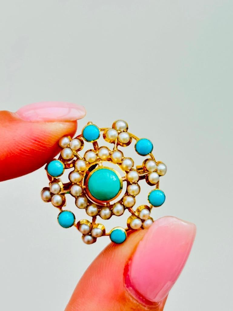 Antique 18ct Yellow Gold Pearl and Turquoise Flower Pendant in Original Box - 5